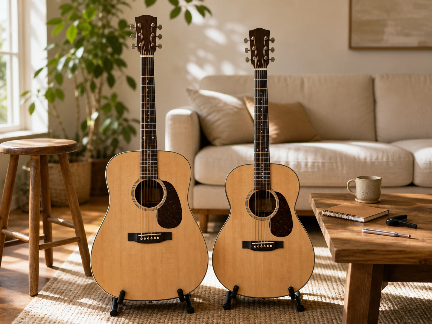 Two unbranded natural-finish acoustic guitars, one wider dreadnought and one smaller concert body, in a warm living room with a stool, practice notebook, capo, tuning fork, and mug for the Yamaha FG800 vs FS800 comparison.