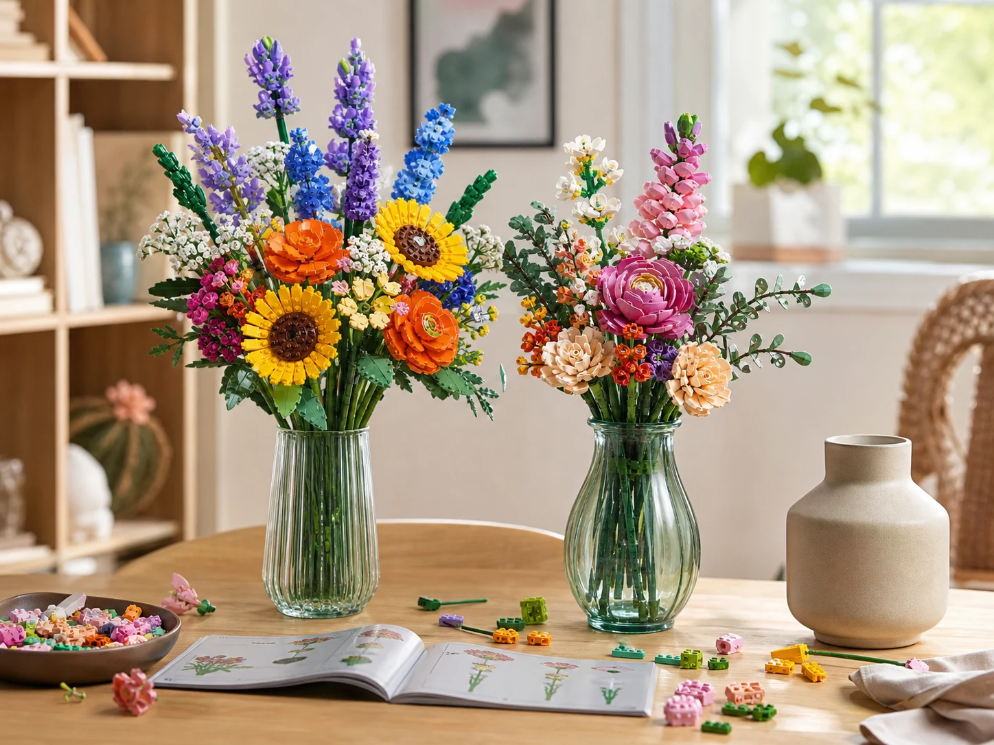 Two colorful brick-built flower bouquets in glass vases on a bright craft table with loose plastic bricks and a small instruction booklet for the LEGO Wildflower Bouquet vs Flower Bouquet comparison