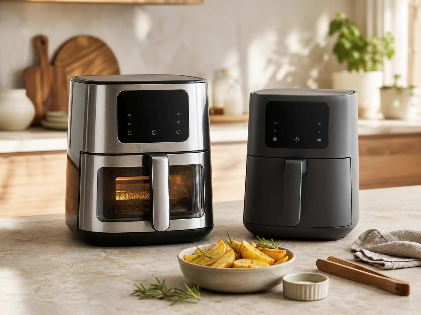 Two unbranded compact countertop air fryers, one brushed stainless steel with a viewing window and one charcoal gray, beside potato wedges, rosemary, linen, tongs, and a ramekin in a warm kitchen for the Instant Vortex Plus 6QT vs Ninja AF141 comparison.