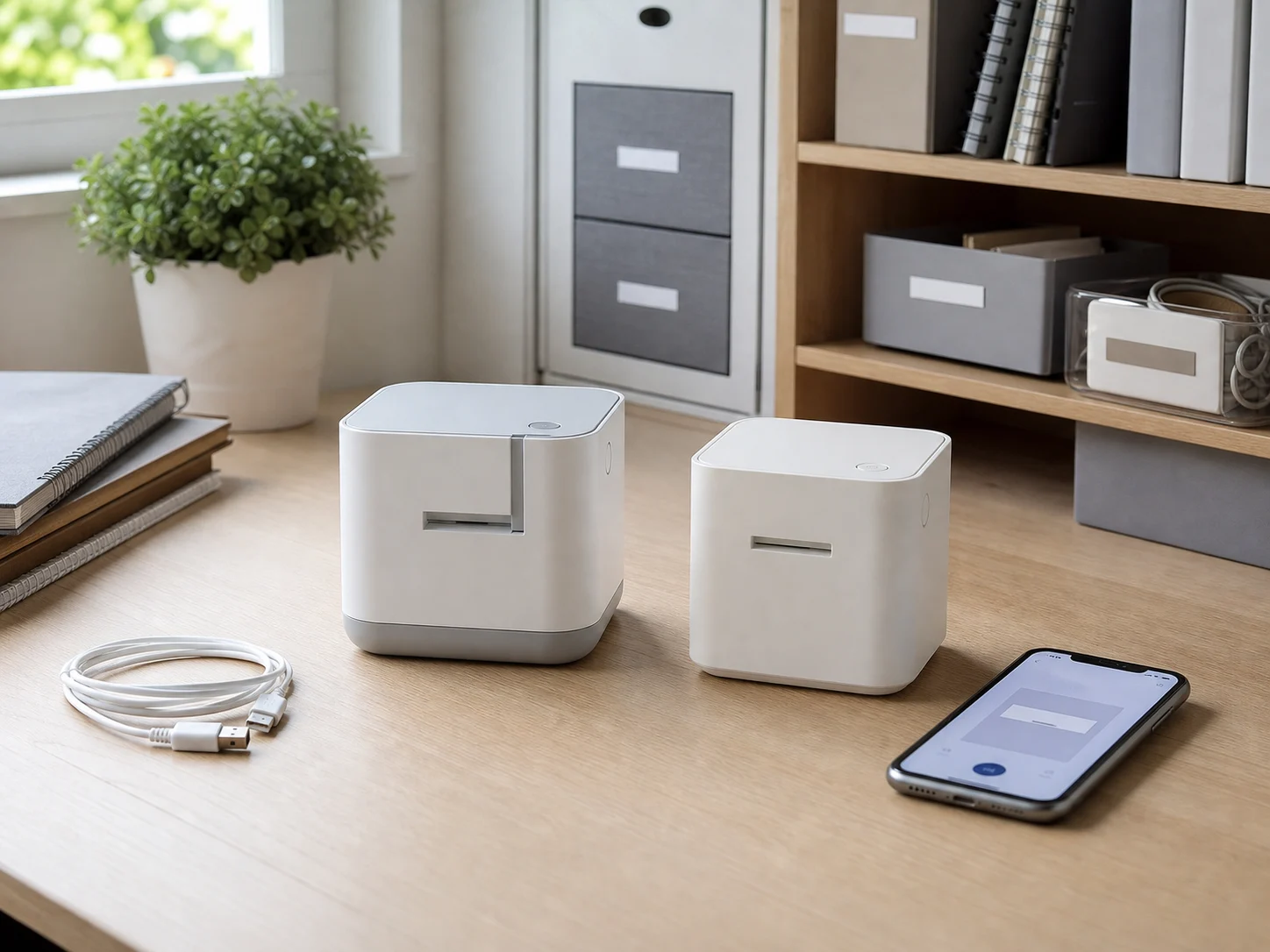 Two compact app-connected label makers on a bright home office desk with organized bins, notebooks, labels, a phone, and a USB cable for the Brother P-touch CUBE Plus vs P-touch CUBE comparison