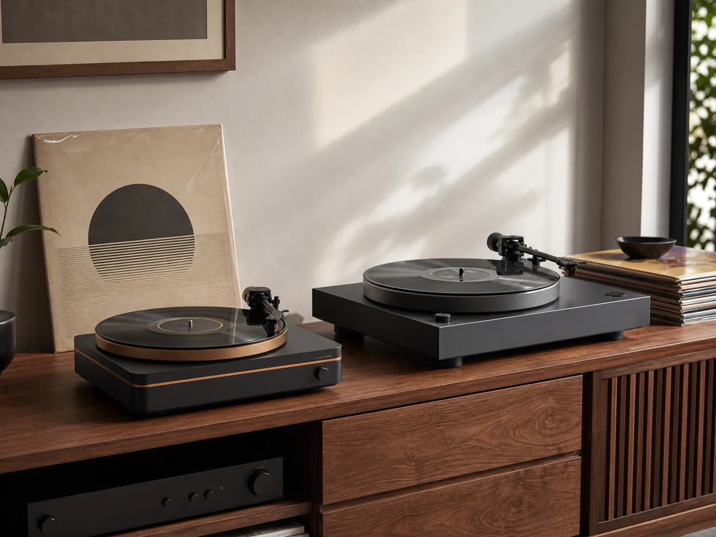 Two unbranded automatic Bluetooth turntables on a walnut media console with a stack of vinyl records and soft daylight for the AT-LP70XBT vs Sony PS-LX3BT comparison