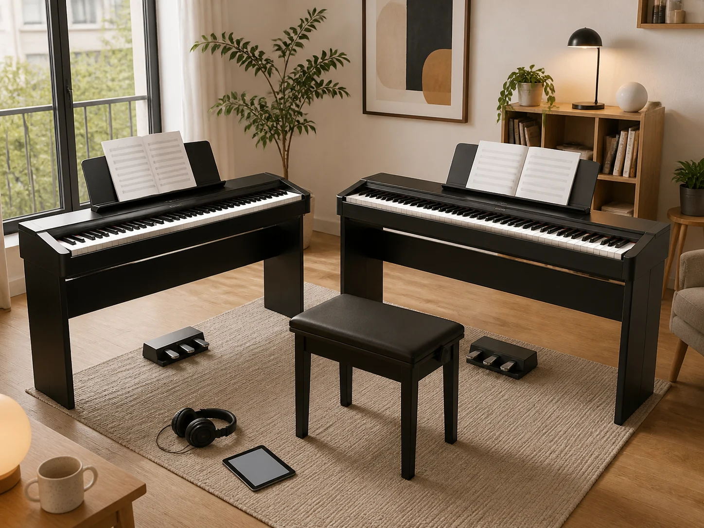 Two slim unbranded black 88-key digital pianos in a bright apartment music corner with headphones, a sustain pedal, a bench, a tablet, and sheet music for the Yamaha P-143 vs Roland FP-10 comparison
