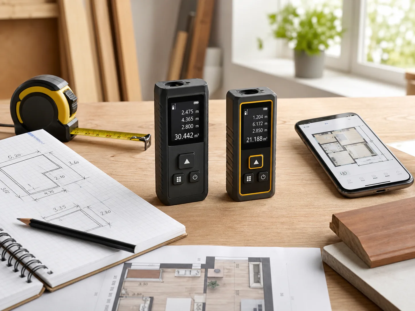 Two unbranded compact laser distance measurers on a bright workshop desk with a notebook of room dimensions, tape measure, pencil, phone, floor plan, and trim sample for the Bosch GLM 50 C vs Leica DISTO D2 comparison
