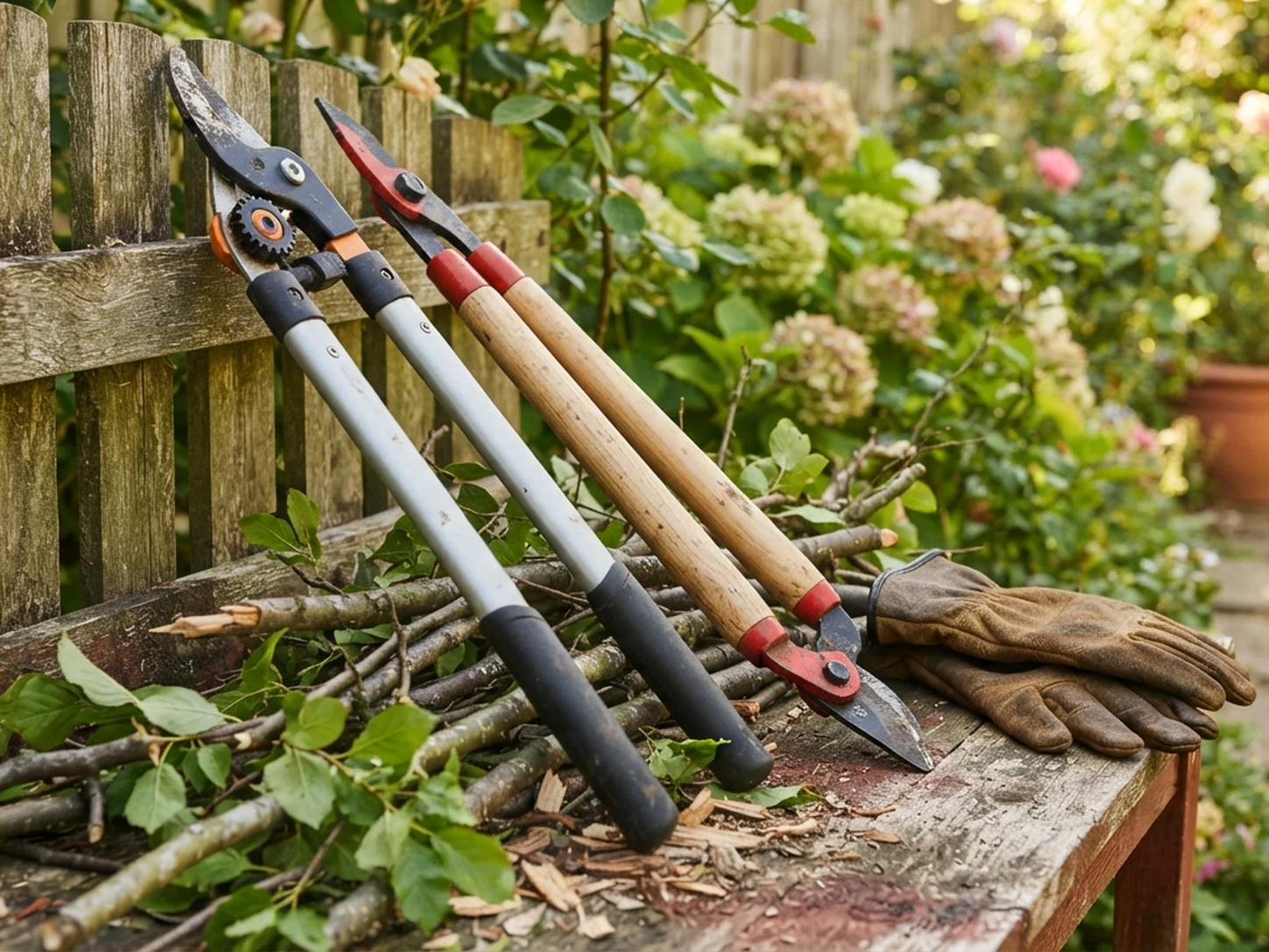 A gray-and-black gear-head bypass lopper and a red-and-hickory forged bypass lopper leaning against a wooden garden fence beside a pile of trimmed branches and leather gardening gloves for the Fiskars PowerGear2 vs Corona ClassicCUT Bypass Lopper comparison