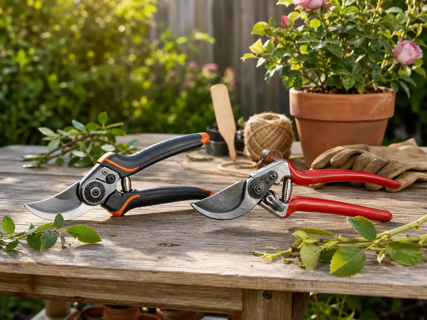 Two unbranded handheld bypass pruning shears, one black and orange with a gear-assisted hinge and one red forged-steel pruner, on a cedar potting bench with rose cuttings, gloves, and twine for the Fiskars PowerGear2 vs Corona BP 3180D comparison.