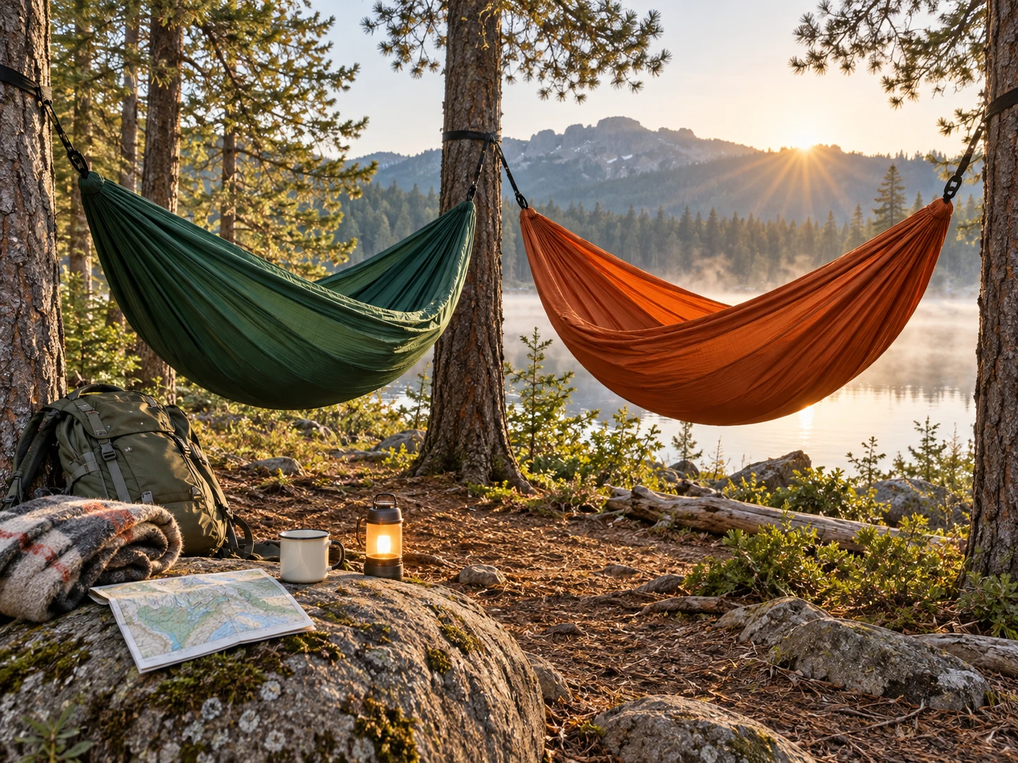 A forest green and a burnt-orange unbranded camping hammock at a wooded lakeside campsite with a backpack, blanket, mug, and map for the ENO DoubleNest vs Kammok Roo Double comparison