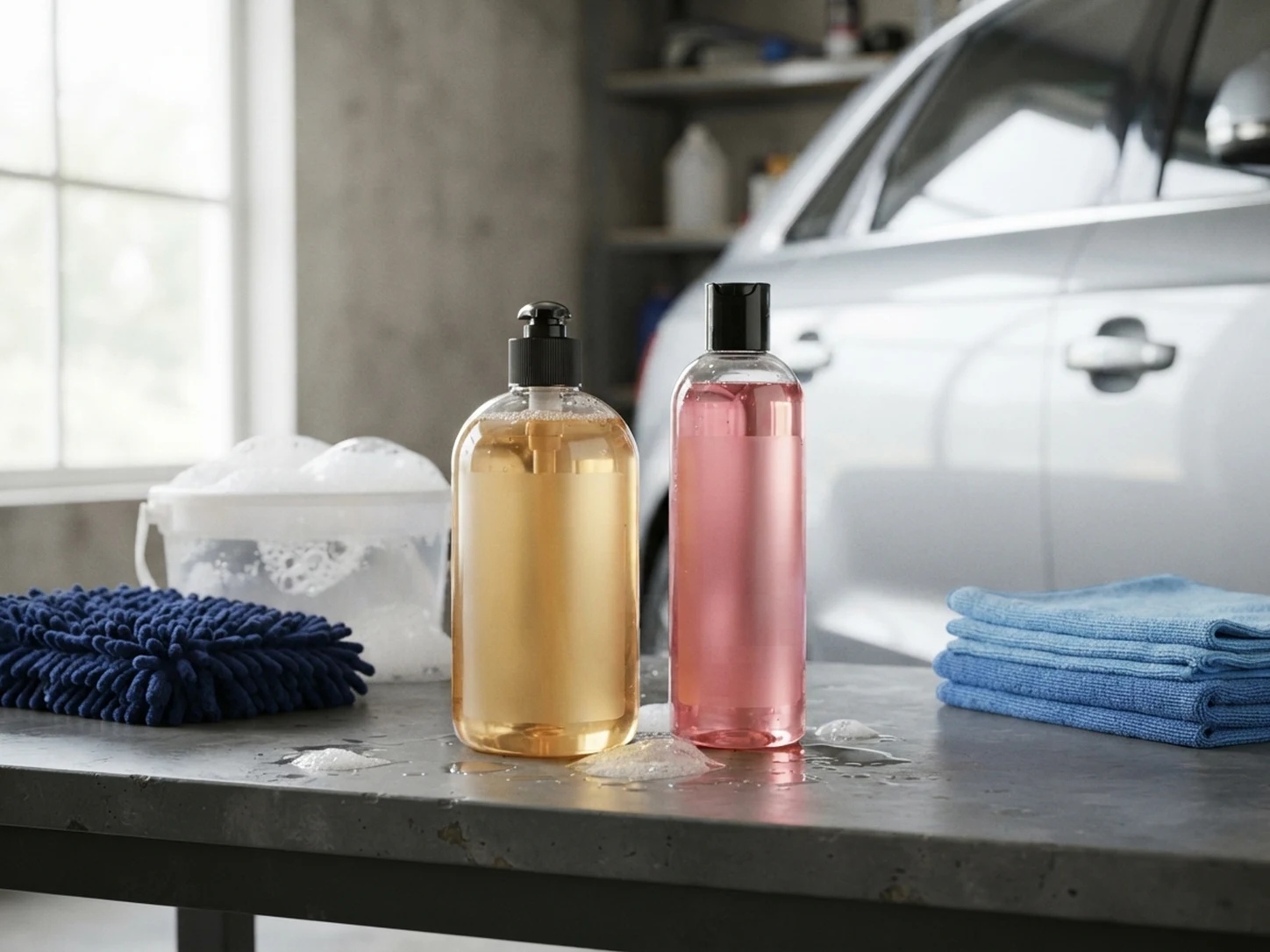 A gold liquid car-wash soap bottle and a pink liquid car-wash soap bottle beside a sudsy bucket, wash mitt, microfiber towels, and a silver car for the Meguiar's Gold Class vs Chemical Guys Mr. Pink comparison