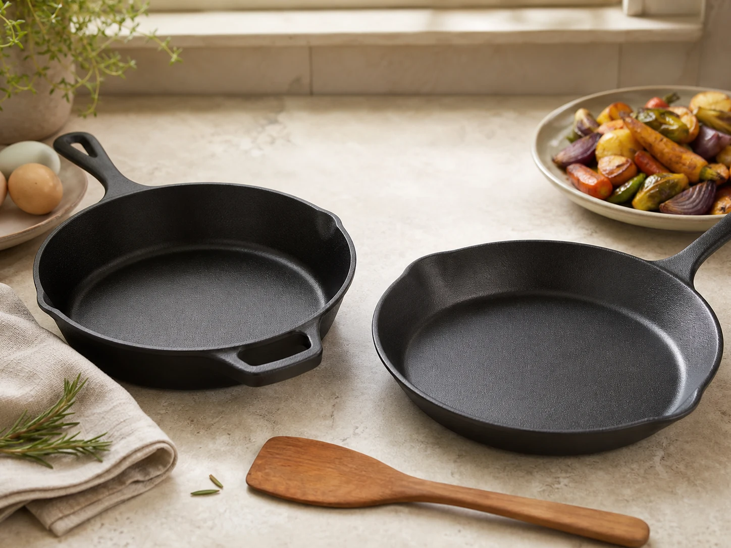 Two unbranded cast iron skillets with a wooden spatula, eggs, herbs, vegetables, and linen towel for the Lodge Classic 12-Inch vs Chef Collection 12-Inch Skillet comparison