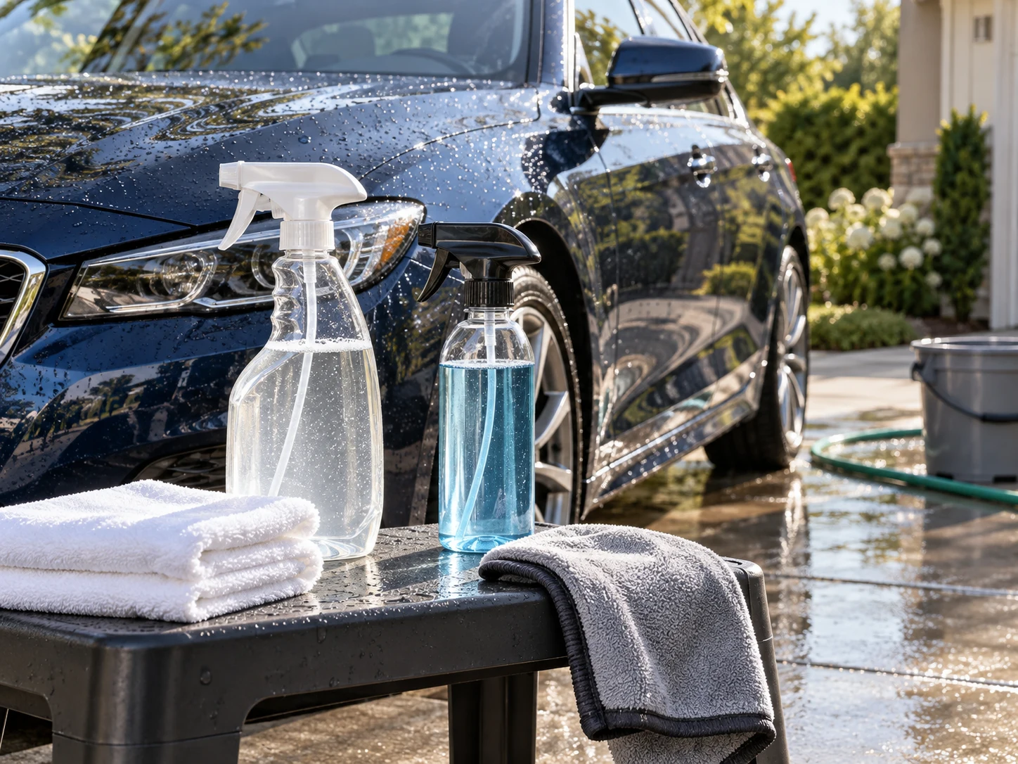 Two unbranded spray bottles, microfiber towels, and a freshly washed blue car in a bright driveway for the Turtle Wax Ceramic Wet Wax vs Ceramic Spray Coating comparison