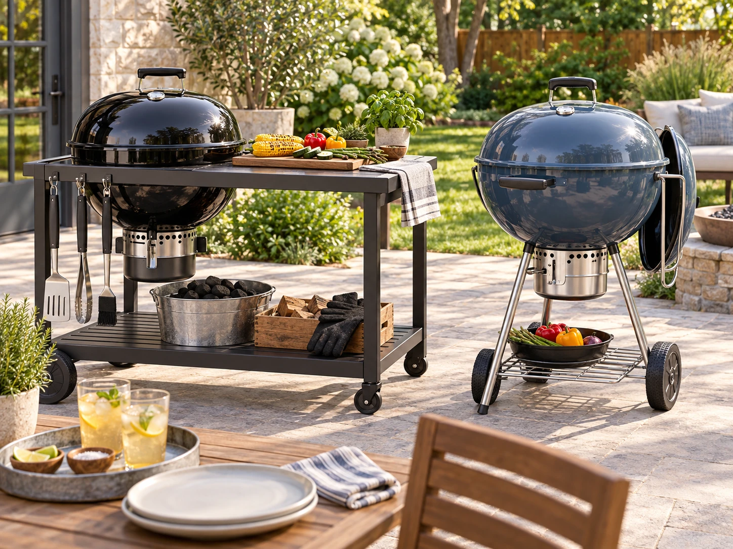 A black charcoal kettle grill on a prep cart beside a blue standalone kettle grill with outdoor cooking tools for the Weber Performer Premium vs Master-Touch Charcoal Grill comparison