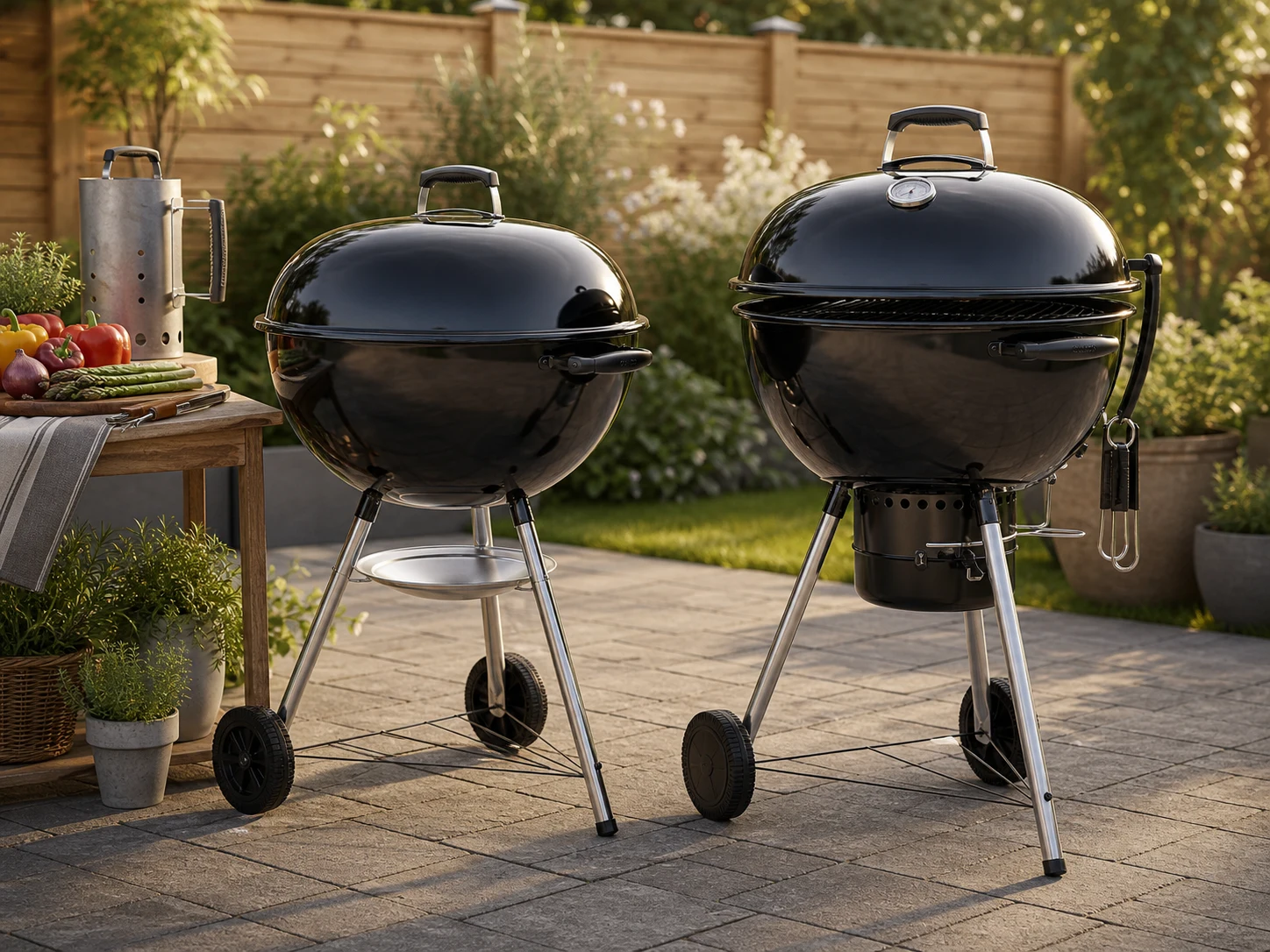 Two unbranded charcoal kettle grills with grilling tools, vegetables, chimney starter, herbs, and patio setting for the Weber Original Kettle 22 vs Master-Touch 22 comparison