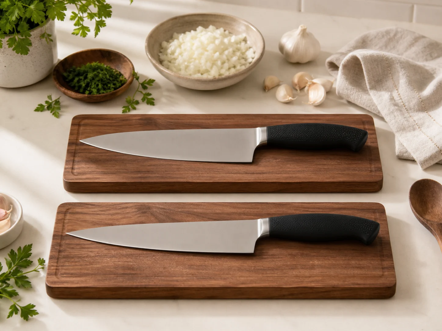 Two unbranded black-handled 8-inch chef’s knives on walnut cutting boards with onion, parsley, garlic, linen towel, and wooden spoon for the Victorinox Fibrox 8 in vs Mercer Millennia 8 in comparison.