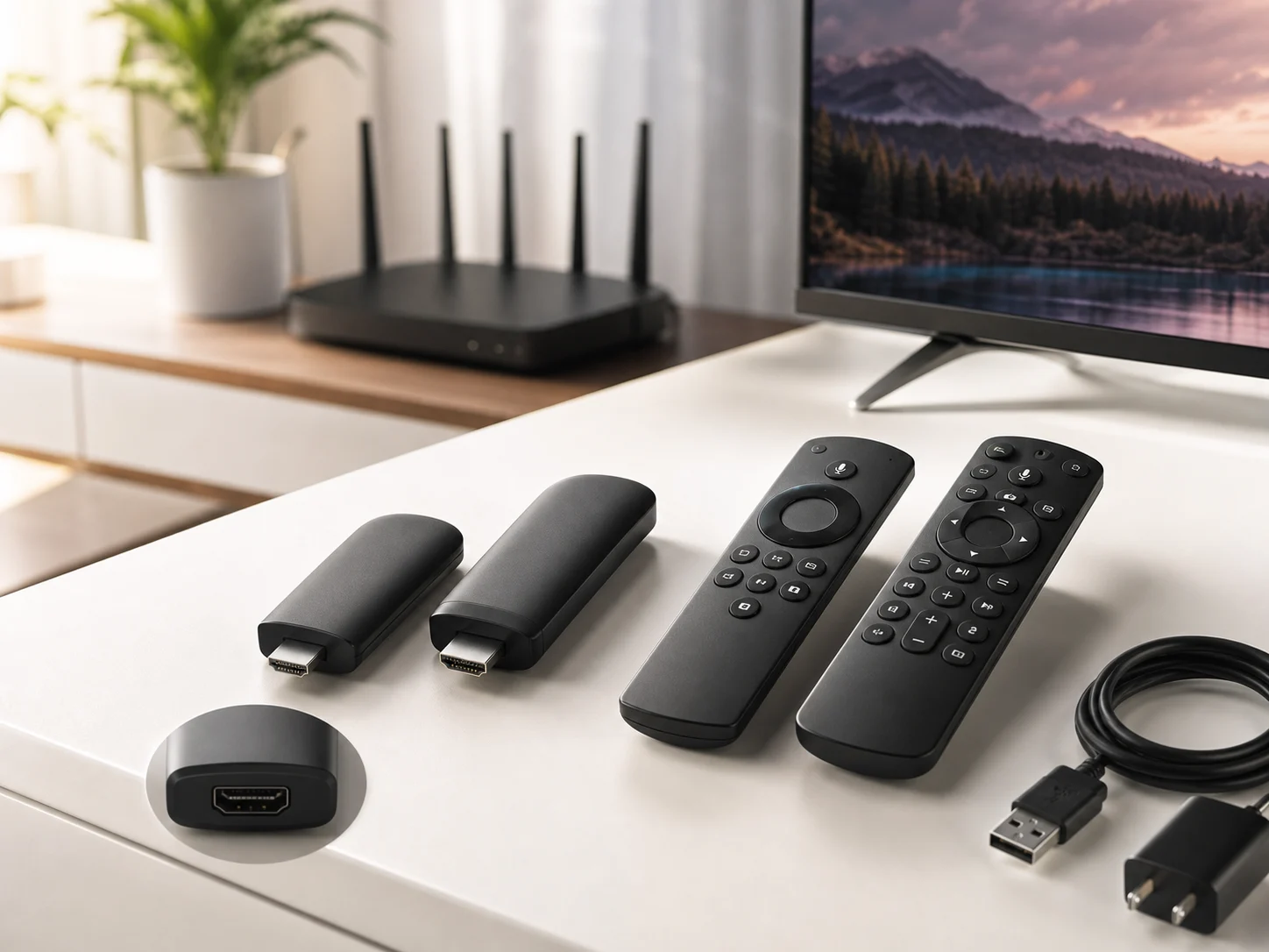 Two compact streaming sticks on a bright media console with voice remotes, HDMI cable, USB power cable, a TV edge, and a Wi-Fi router for the Roku Streaming Stick 4K vs Fire TV Stick 4K Max comparison