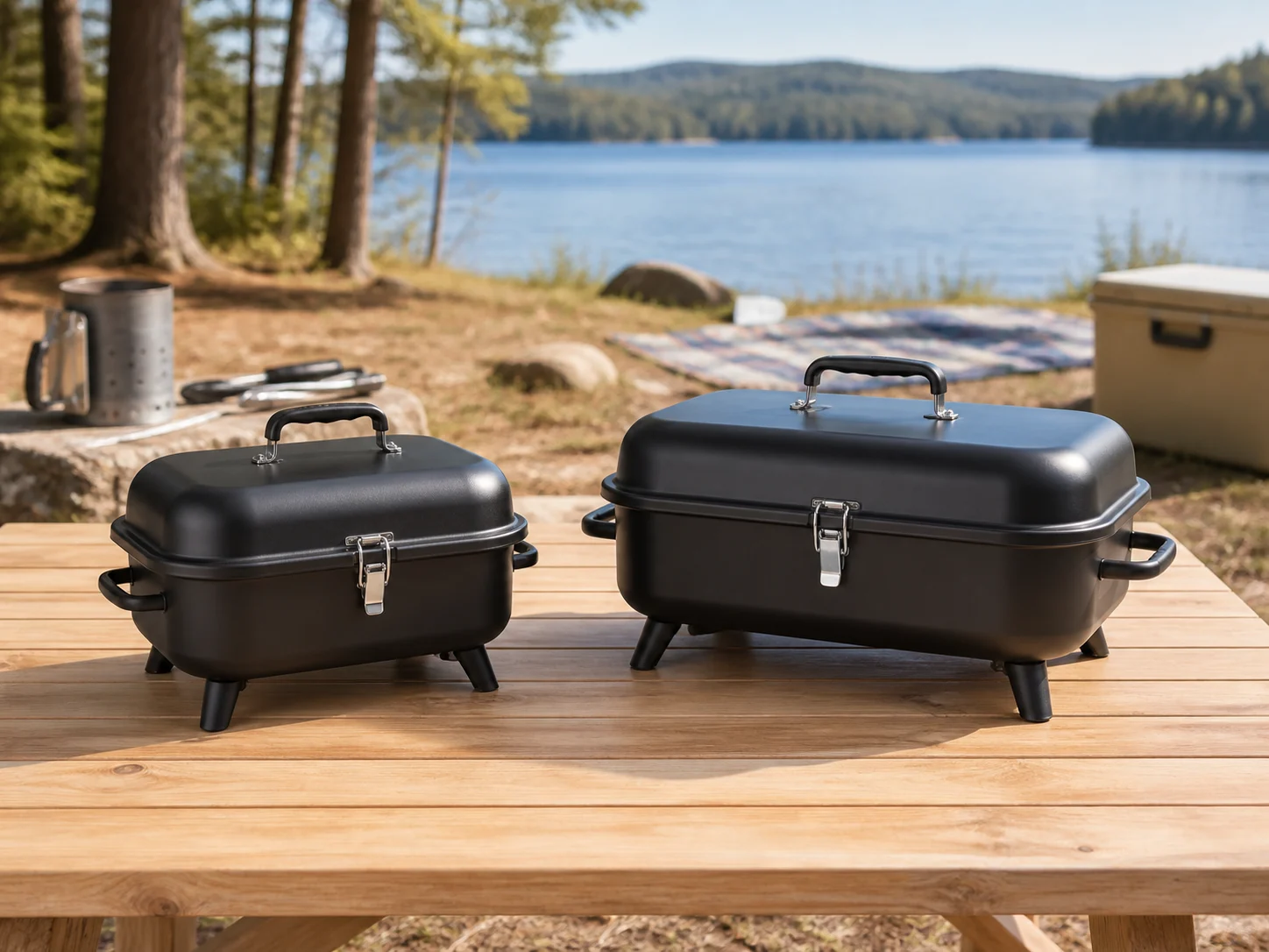 Two unbranded compact charcoal grills, one larger and one smaller, at an upright lakeside picnic setup with a camp chair, towels, bottles, and duffel for the Cuisinart CCG-190 vs CCG-216A comparison.