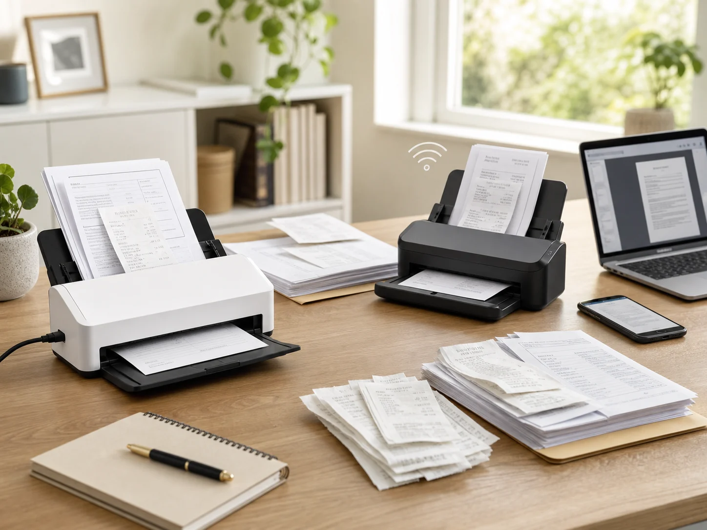 Two compact desktop document scanners on a bright home office desk with stacked receipts, paperwork, a laptop, and a phone for the Epson WorkForce ES-C320W vs ES-C220 comparison