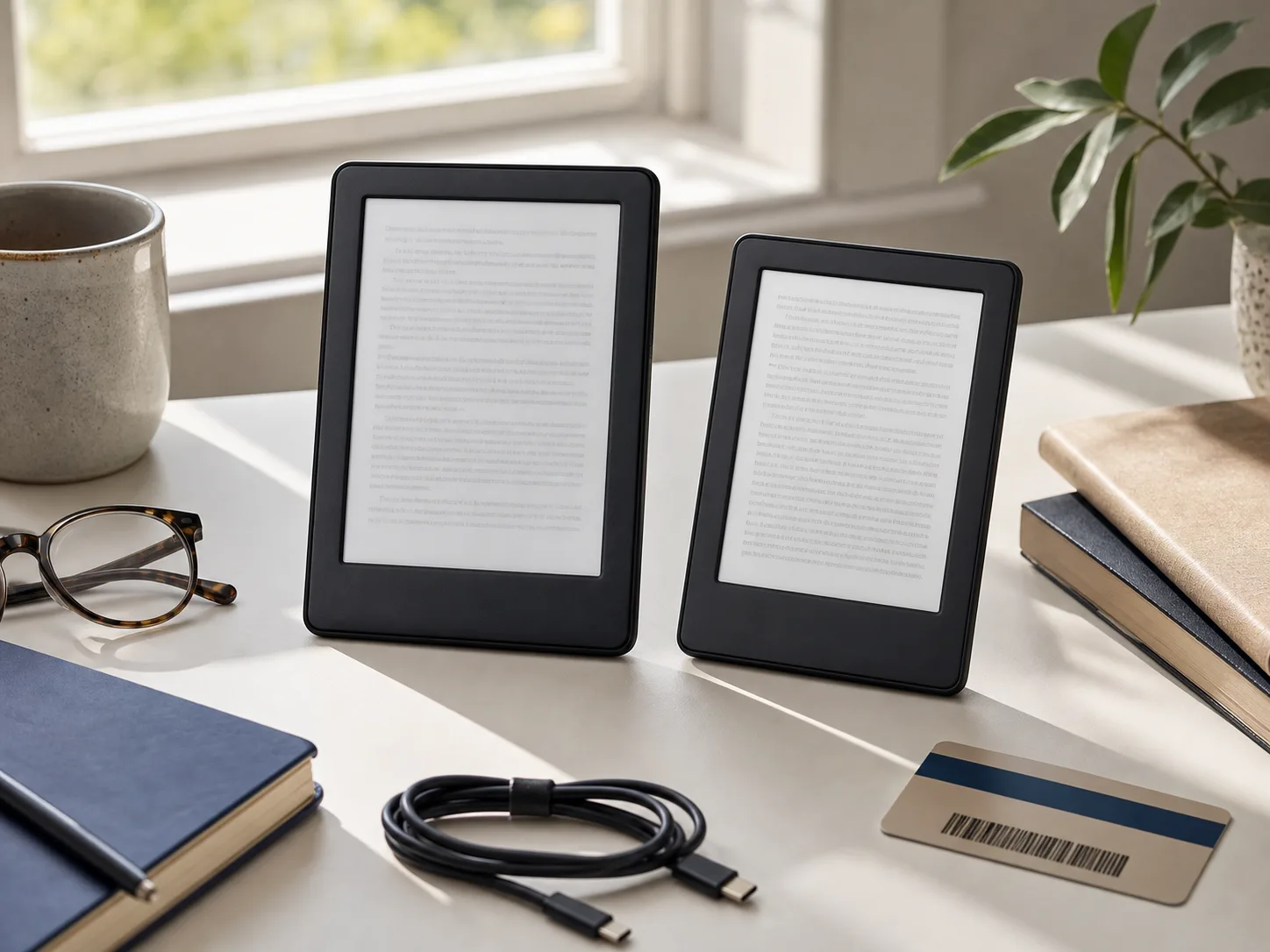 Two unbranded compact black e-readers on a bright reading table with a USB-C cable, reading glasses, notebook, library card, and mug for the Kindle 16 GB vs Kindle Paperwhite 16 GB comparison