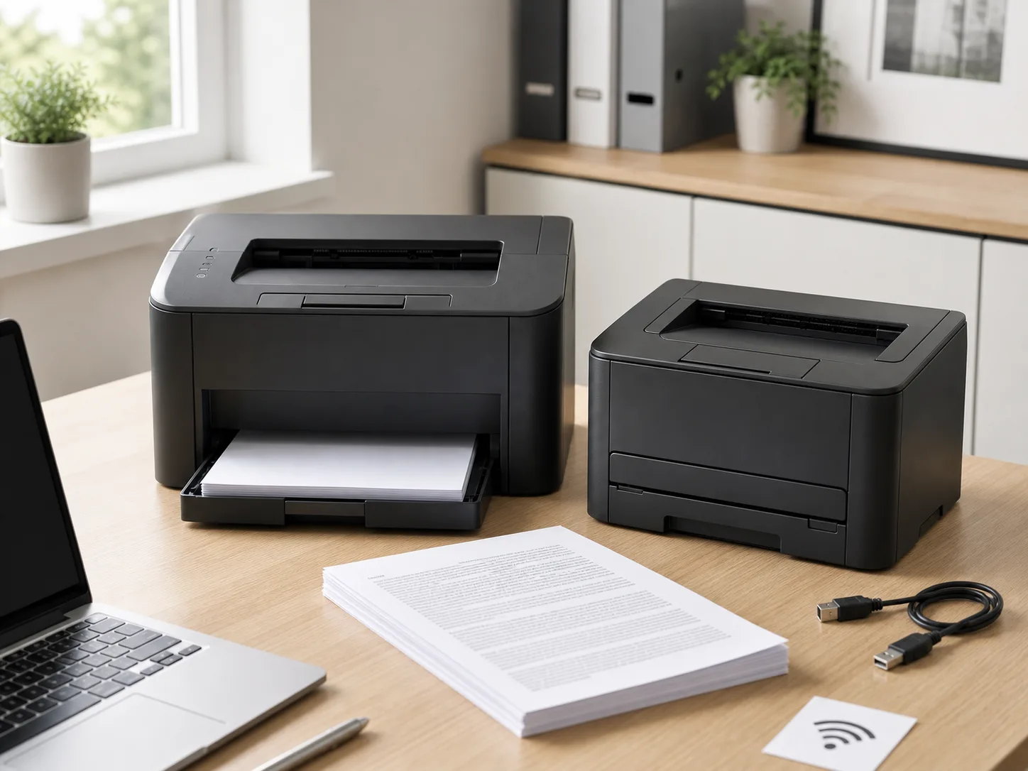 Two compact monochrome laser printers on a bright home office desk with printed documents, a laptop, a USB cable, and a small wireless setup note for the Brother HL-L2460DW vs Canon LBP122dw comparison