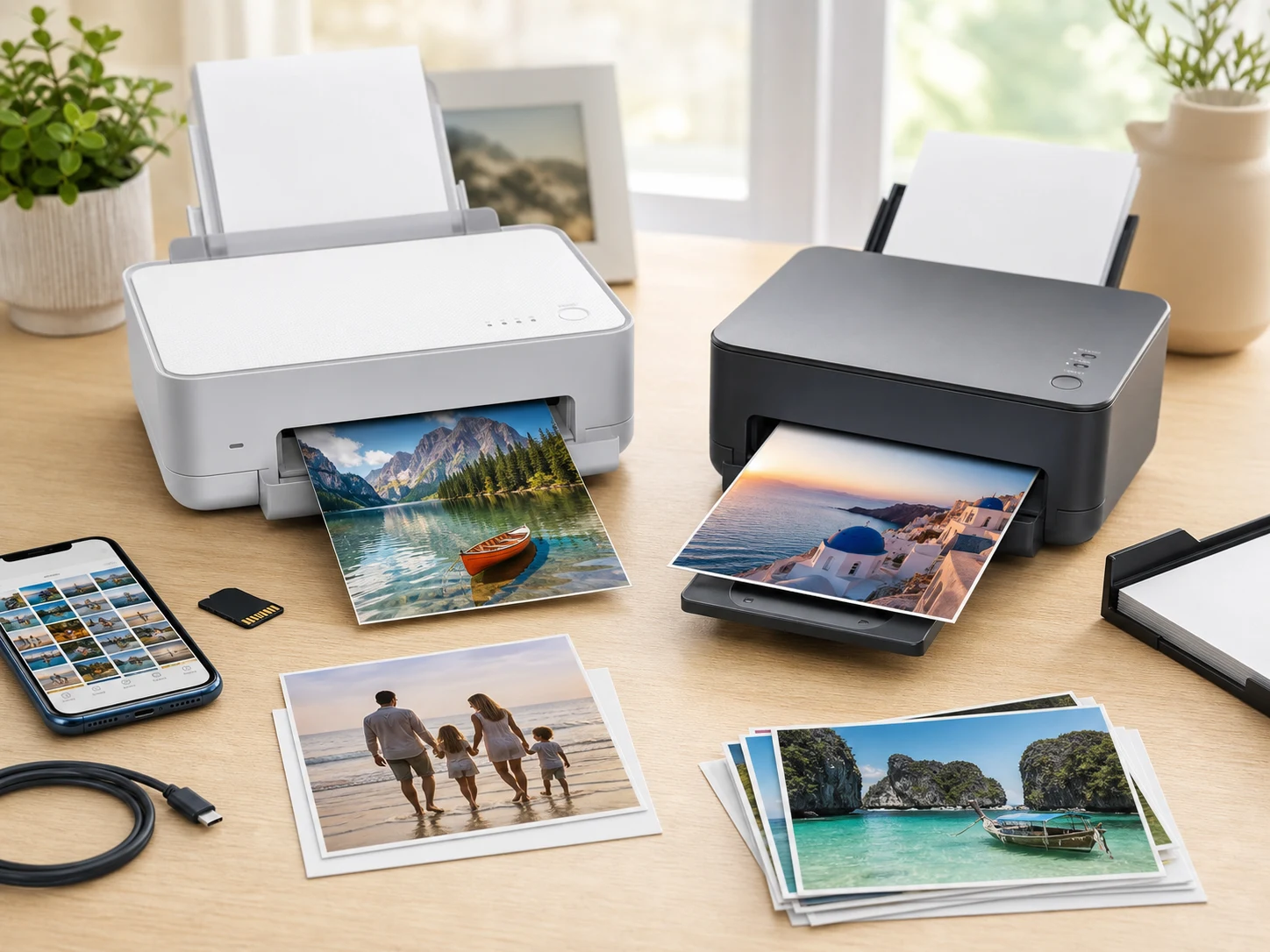 Two unbranded compact photo printers on a bright desk with glossy photo prints, a smartphone, memory card, USB-C cable, and stacked photo paper for the Canon SELPHY CP1500 vs Epson PictureMate PM-400 comparison