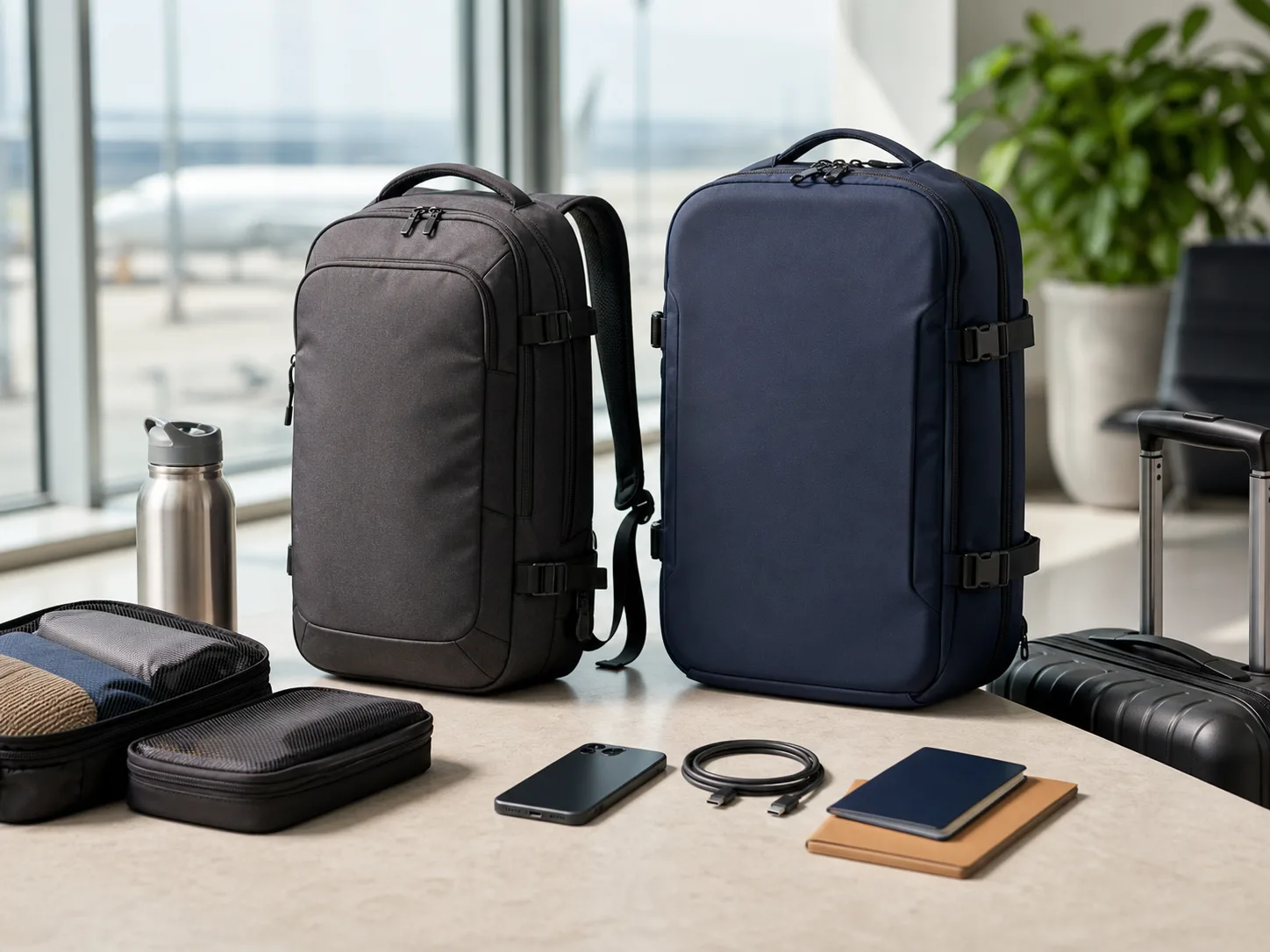 Two compact carry-on travel backpacks on a bright packing table with packing cubes, passport, phone, water bottle, and suitcase handle for the Osprey Daylite 26+6 vs Cotopaxi Allpa 28L comparison
