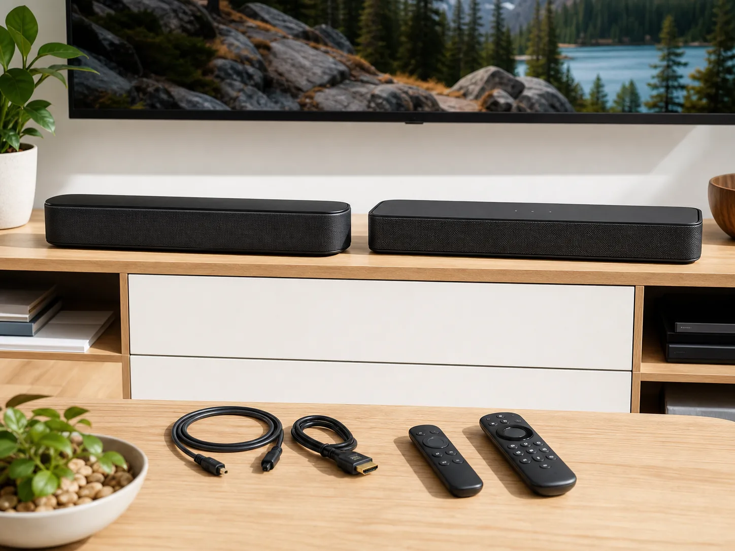 Two compact black TV soundbars on a bright media console with a remote, HDMI cable, optical cable, streaming remote, and living room details for the Bose TV Speaker vs Sonos Ray comparison