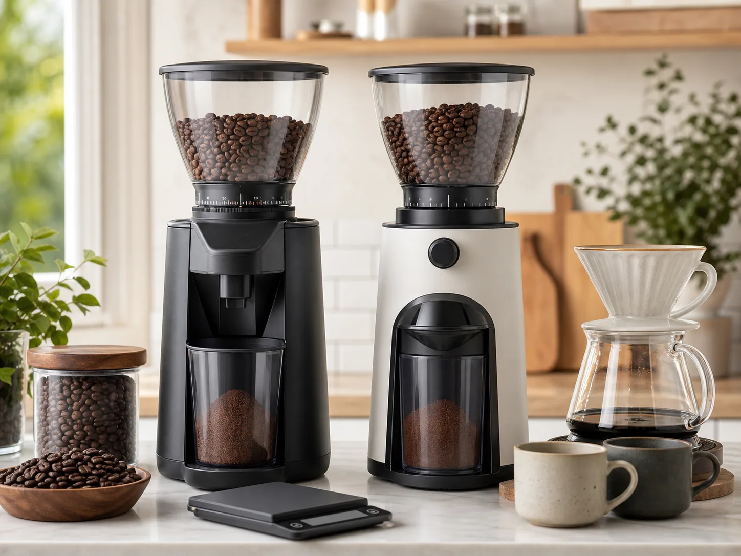 Two countertop conical burr coffee grinders on a bright kitchen coffee bar with whole beans, a scale, pour-over dripper, glass carafe, and mugs for the Baratza Encore vs OXO Brew Conical Burr comparison