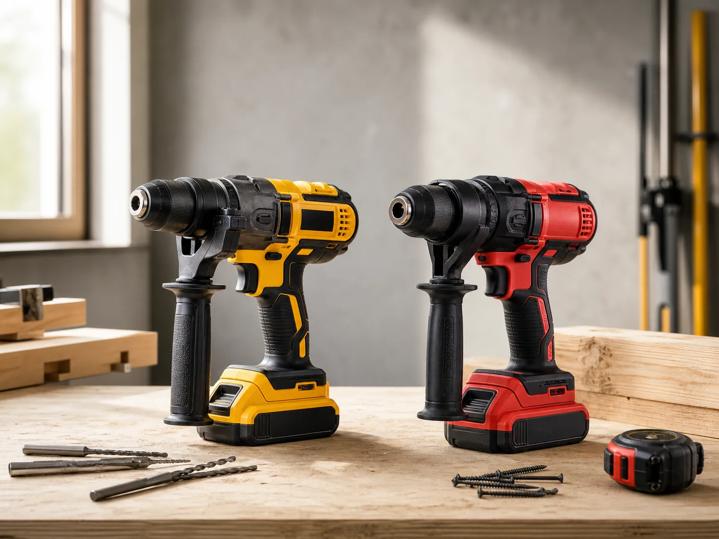Two cordless hammer drills on a clean workbench with drill bits, screws, battery packs, and soft daylight for the DEWALT DCD805B vs Milwaukee 2904-20 comparison