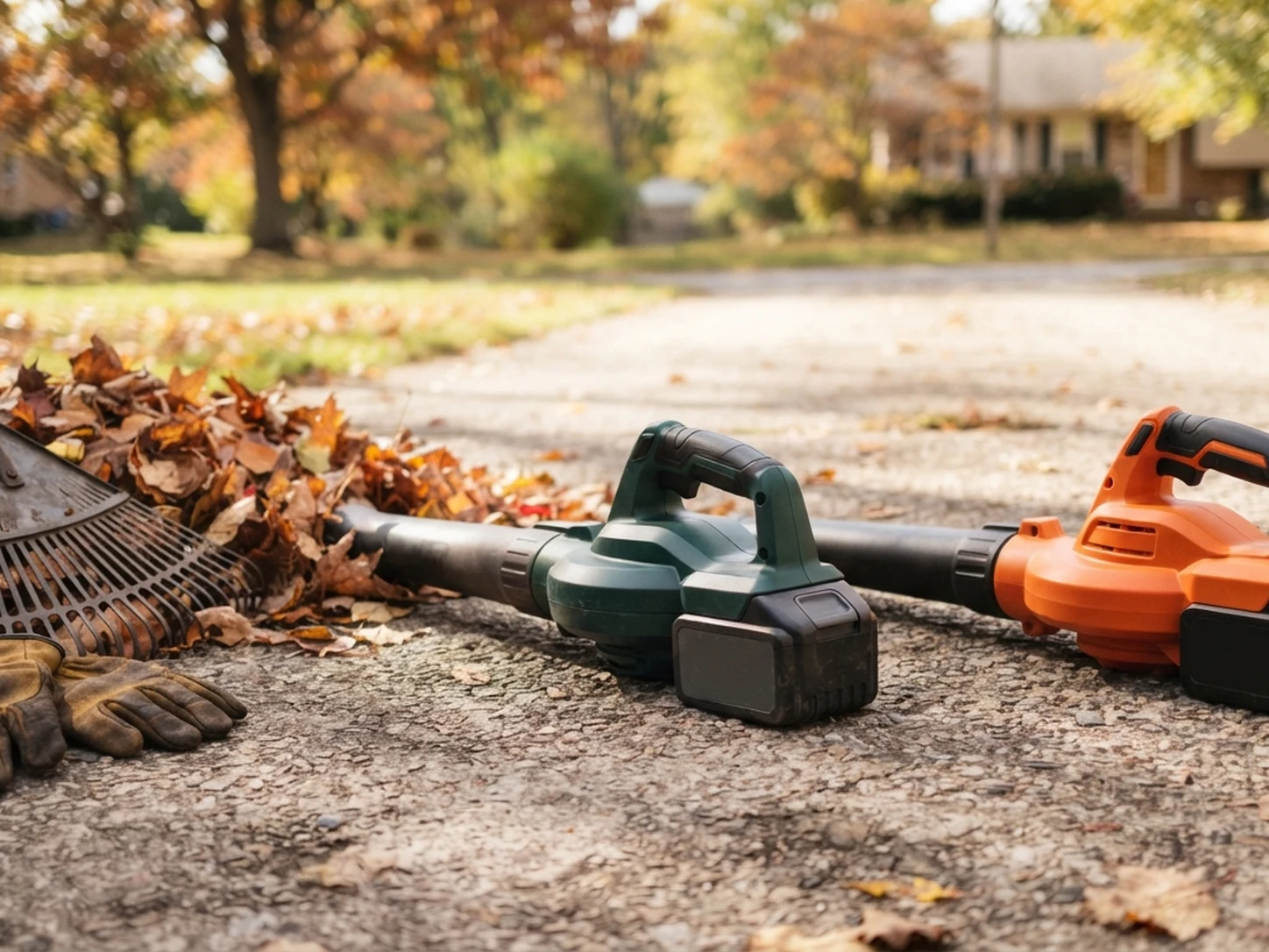 A dark green cordless leaf blower and an orange cordless leaf blower side by side on a driveway with a pile of autumn leaves, a rake, and work gloves for the EGO Power+ LB6504 vs Ryobi 40V HP Brushless Whisper Series comparison