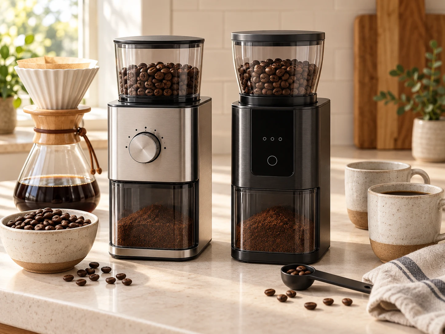 Two unbranded electric burr coffee grinders on a warm kitchen counter with coffee beans, a pour-over carafe, mugs, and filters for the Cuisinart DBM-8P1 vs DBM-T10 comparison.