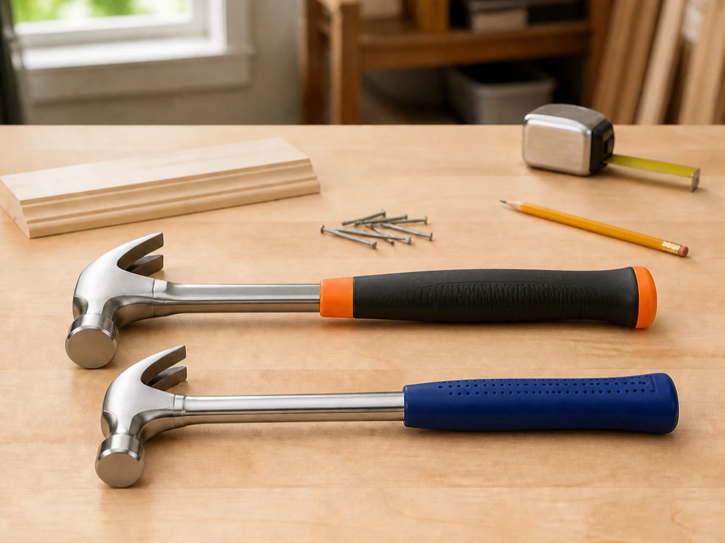 Two unbranded 16-ounce curved claw hammers with black-orange and blue handles on a maple workbench with trim, nails, pencil, and tape measure for the Fiskars IsoCore 16 oz vs Estwing E3-16C comparison.