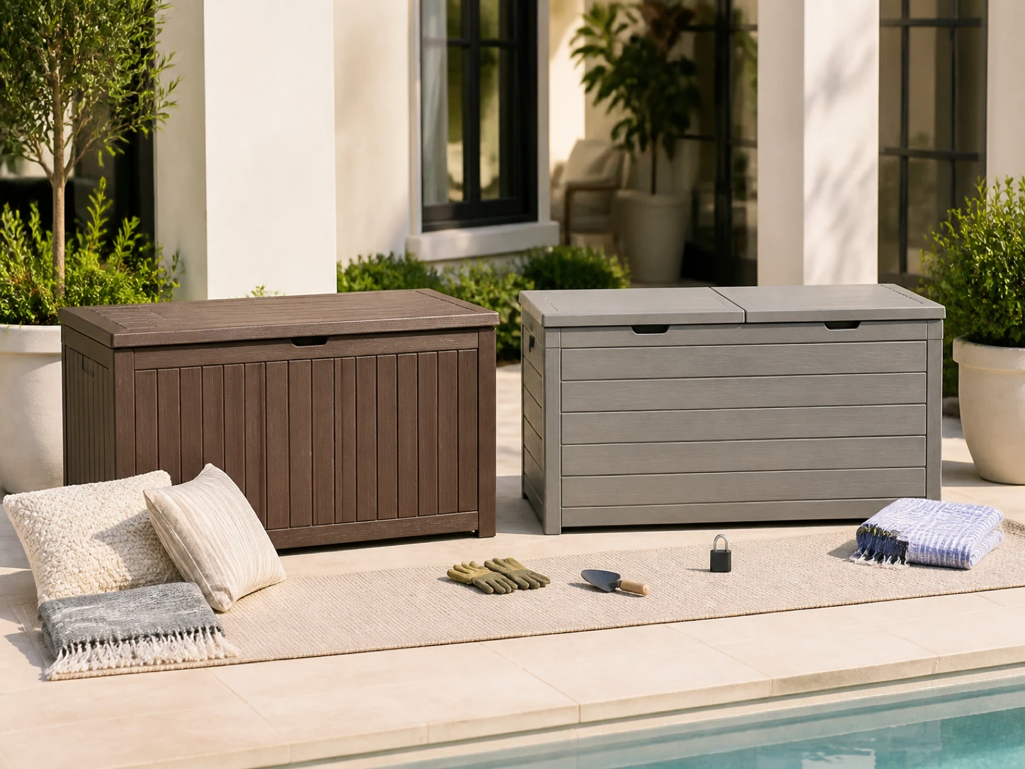 A warm brown single-lid resin deck box and a dove-gray split-lid resin deck box beside patio cushions, gardening gloves, a trowel, padlock, and poolside textiles for the Keter Brightwood 120 vs Suncast BMDB1120 comparison.