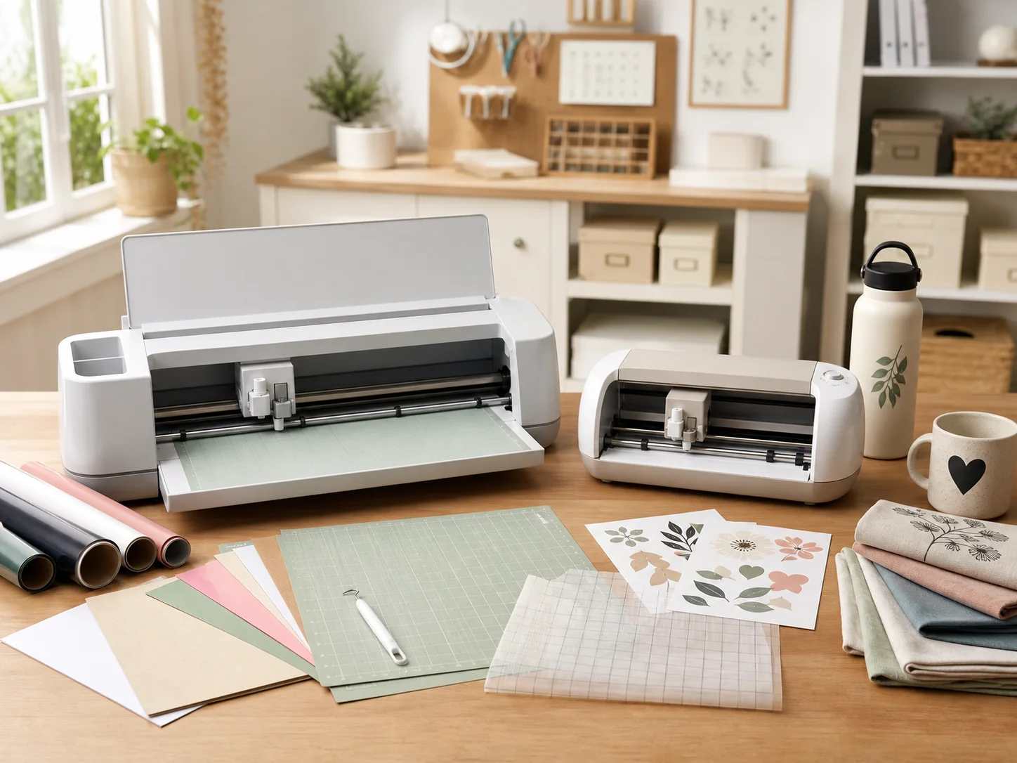 Two desktop craft cutting machines on a bright craft table with vinyl sheets, cardstock, sticker paper, transfer tape, cutting mats, fabric swatches, and finished decals for the Cricut Maker 4 vs Explore 5 comparison