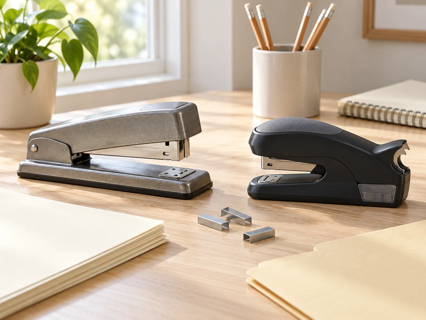 An unbranded steel-gray metal desktop stapler and black ergonomic desktop stapler on a light wood desk with paper, folders, loose staples, pencils, and a notebook for the Swingline 747 vs Bostitch Ascend comparison.