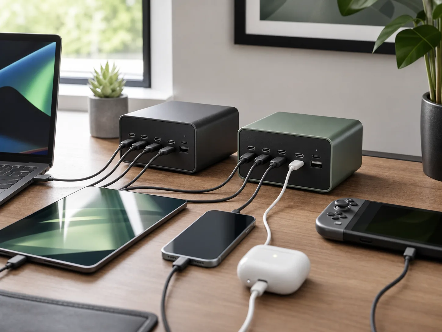 Two compact desktop USB-C charging stations on a bright desk with a laptop, tablet, phone, earbuds case, handheld game console, and neatly routed charging cables for the Anker Prime 200W vs UGREEN Nexode 200W comparison