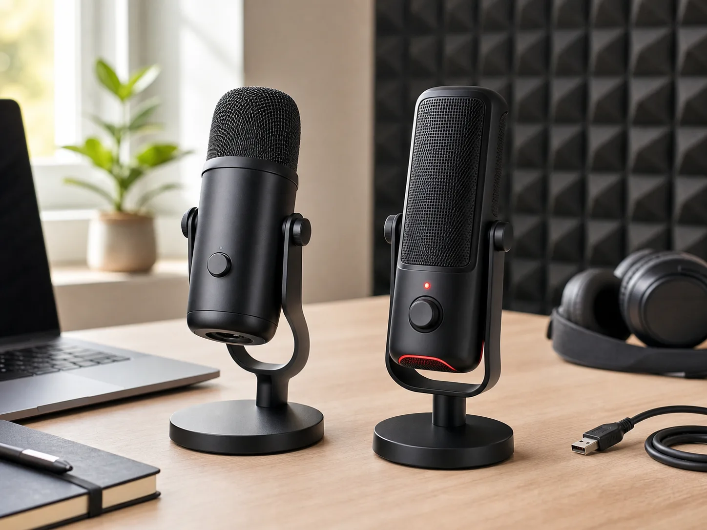 Two unbranded desktop USB microphones on a bright creator desk with headphones, a laptop, a notebook, USB cable, and acoustic panels for the Logitech Yeti vs HyperX QuadCast comparison