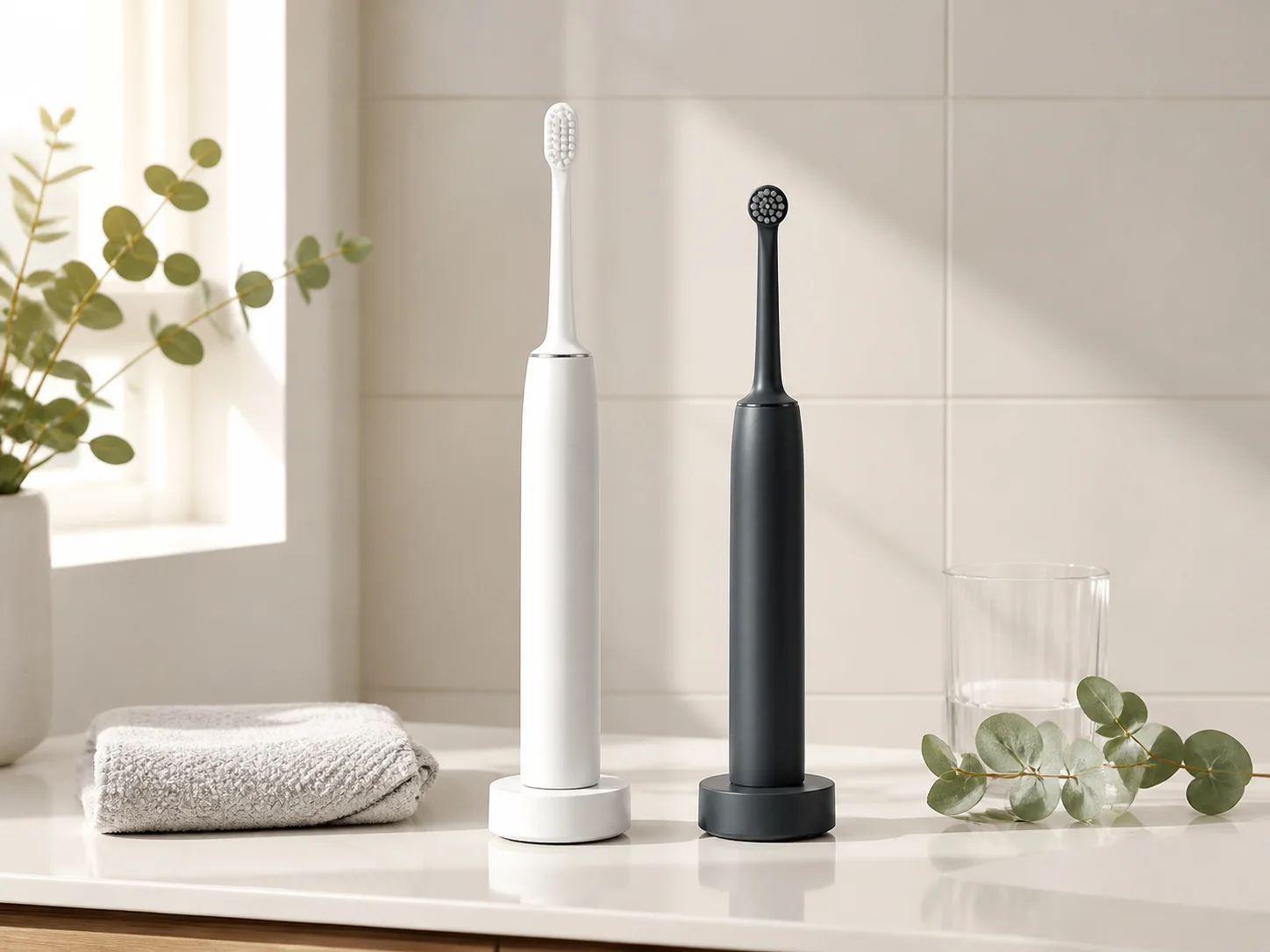 An unbranded white sonic electric toothbrush and charcoal round-head electric toothbrush upright on charging bases beside a towel, tumbler, and greenery in a bright bathroom for the Philips Sonicare 4100 vs Oral-B iO Series 2 comparison