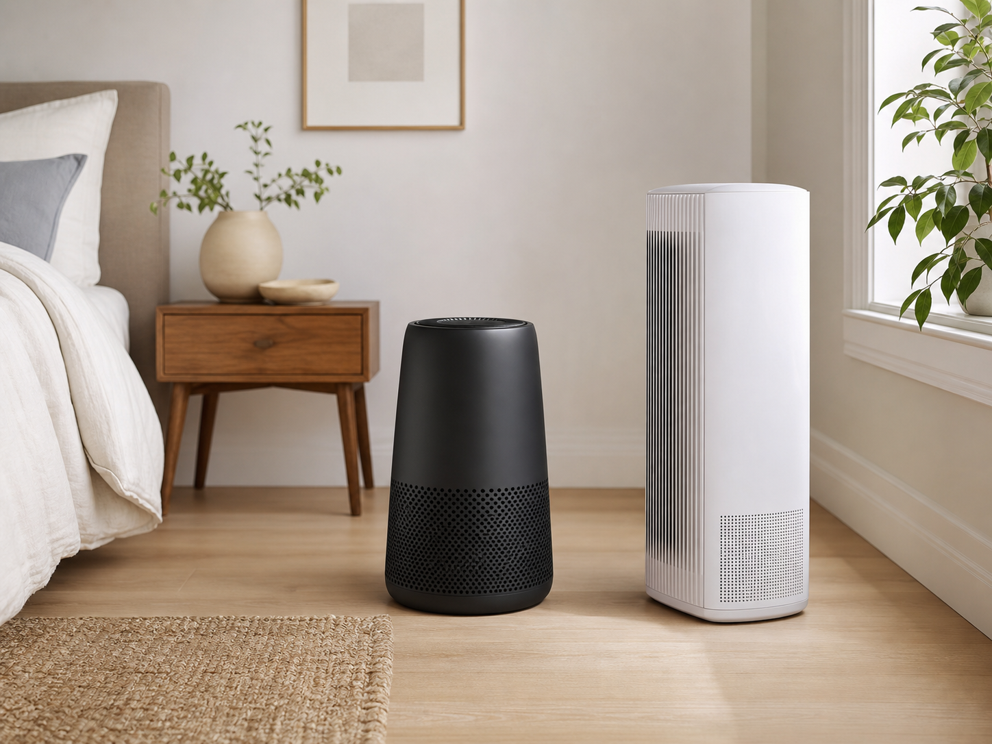 Two quiet air purifier appliances in a sunlit bedroom beside a bed and window