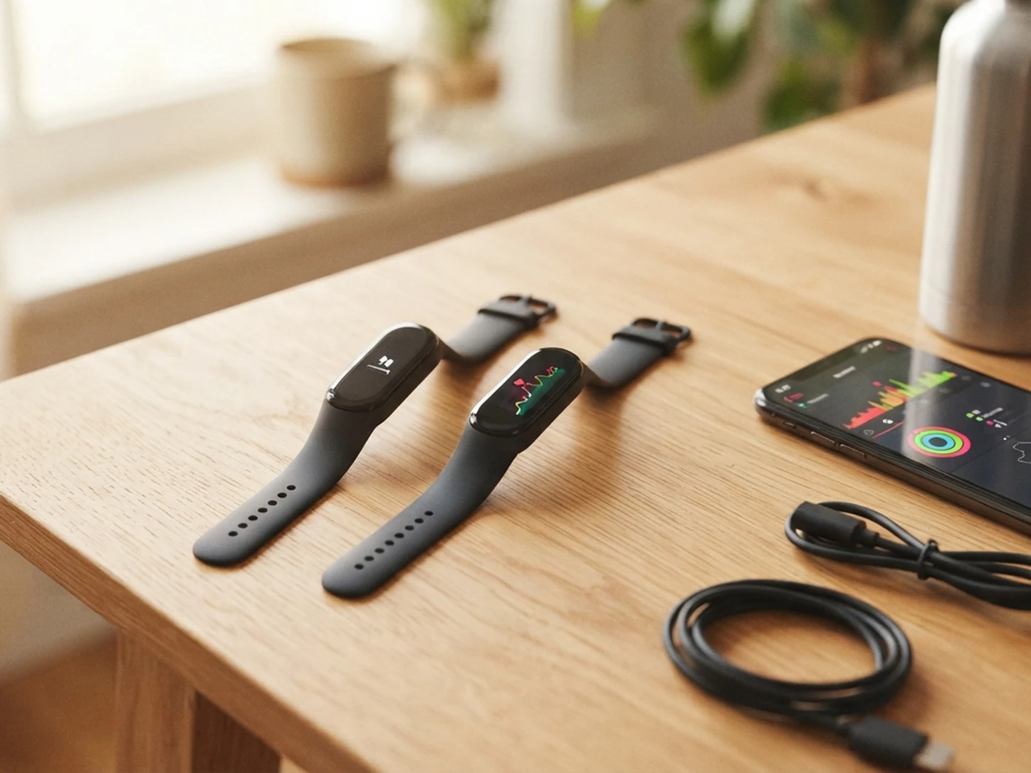 Two slim fitness tracker wristbands on a desk with a smartphone showing a fitness app, a charging cable, and a water bottle for the Garmin Vivosmart 5 vs Fitbit Charge 6 comparison
