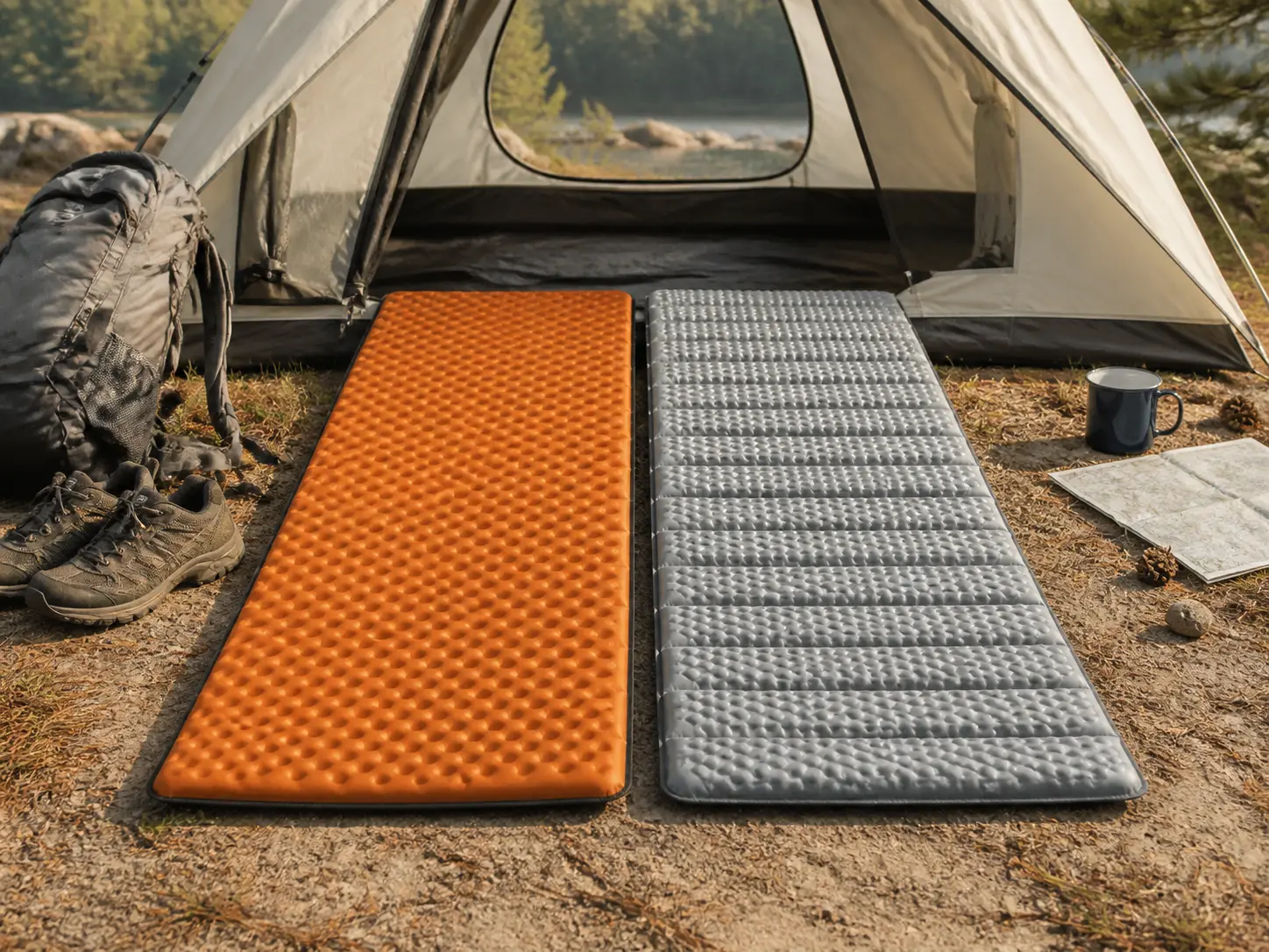 Two unbranded folding closed-cell foam sleeping pads, one orange with hexagonal nodes and one silver with dimpled panels, outside a backpacking tent with a pack, trail shoes, camp mug, and map for the NEMO Switchback vs Therm-a-Rest Z Lite SOL comparison.