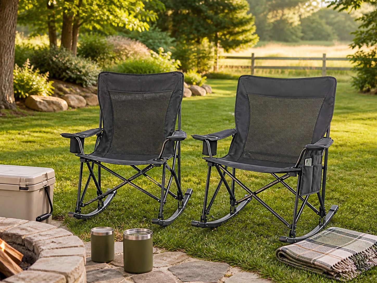 Two unbranded folding outdoor rocking camp chairs beside a backyard patio with a cooler and tumblers for the GCI Outdoor Freestyle Rocker vs Freestyle Rocker XL comparison.