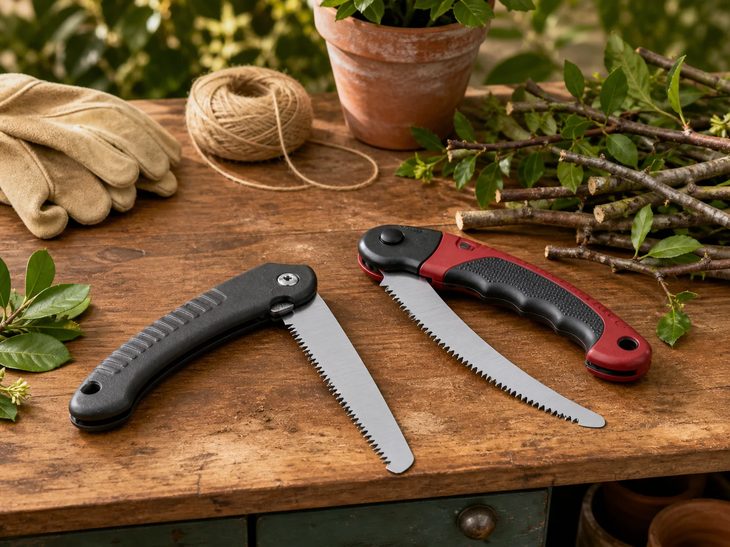 Two unbranded compact folding pruning saws, one with a charcoal handle and straight blade and one with a red-and-black handle and curved blade, on a garden workbench with branches, gloves, twine, and a terracotta pot for the Fiskars POWER TOOTH 7 in vs Corona RazorTOOTH 7 in comparison.
