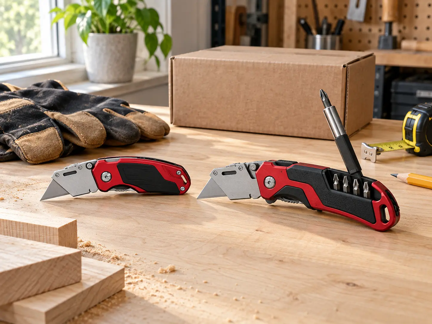 Two unbranded red and black folding utility knives on a maple workbench with a blank cardboard box, gloves, tape measure, pencil, and wood offcuts for the Milwaukee FASTBACK 6-in-1 vs FASTBACK Blade Storage comparison
