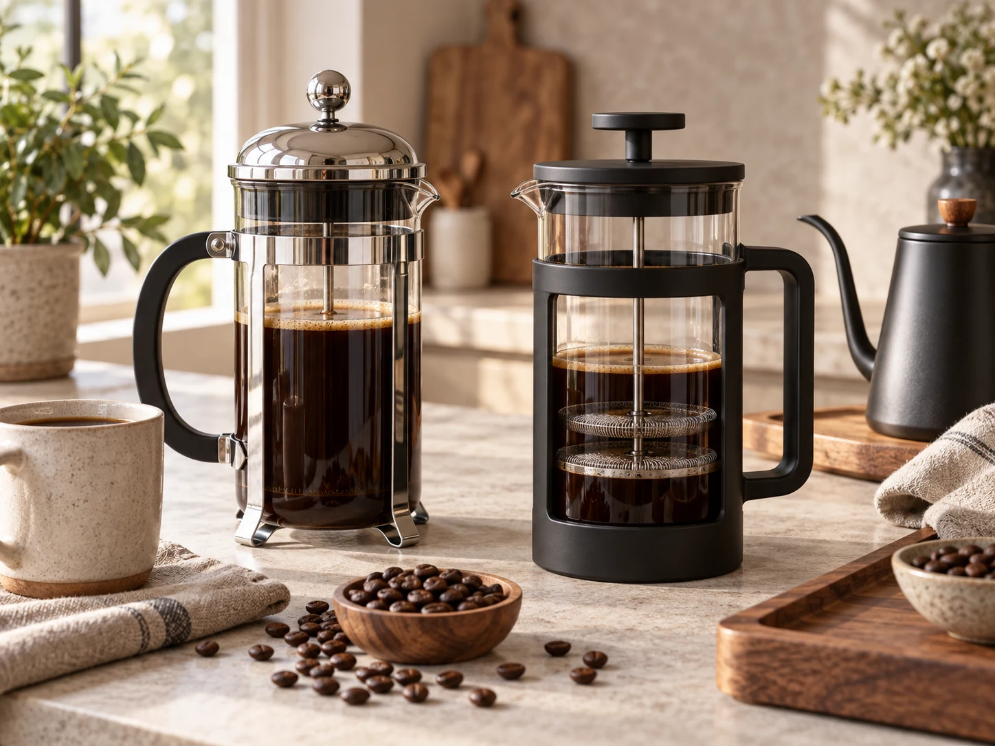 An unbranded classic silver-frame glass French press and a contemporary black-frame double-filter glass French press with coffee beans, mug, kettle, linen, and tray for the Bodum Chambord vs ESPRO P3 comparison
