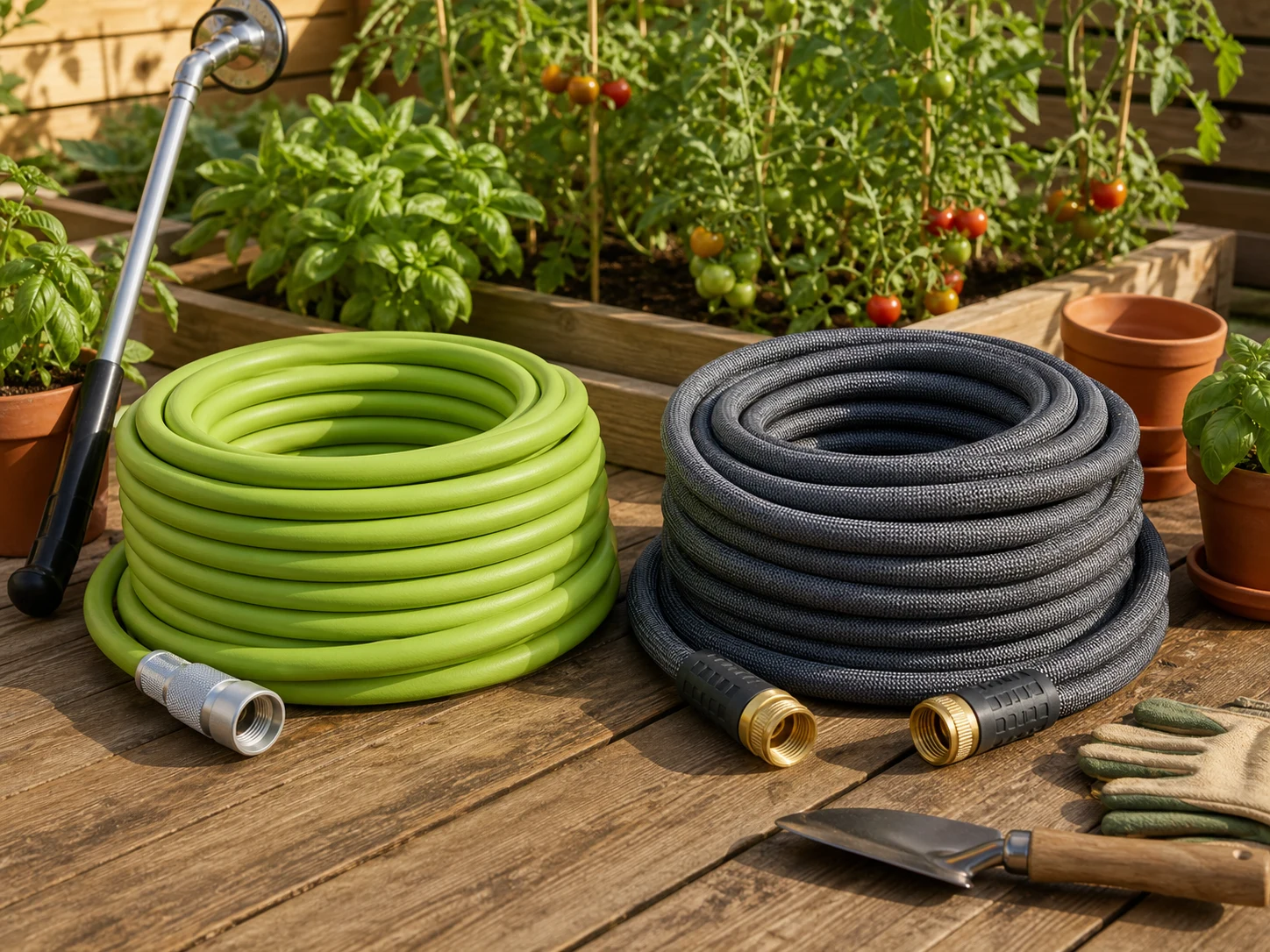 Two unbranded lightweight garden hoses, one lime green and smooth and one charcoal with a woven jacket, beside raised vegetable beds, watering tools, gloves, and terracotta pots for the Flexzilla Garden Hose vs zero-G Garden Hose comparison.