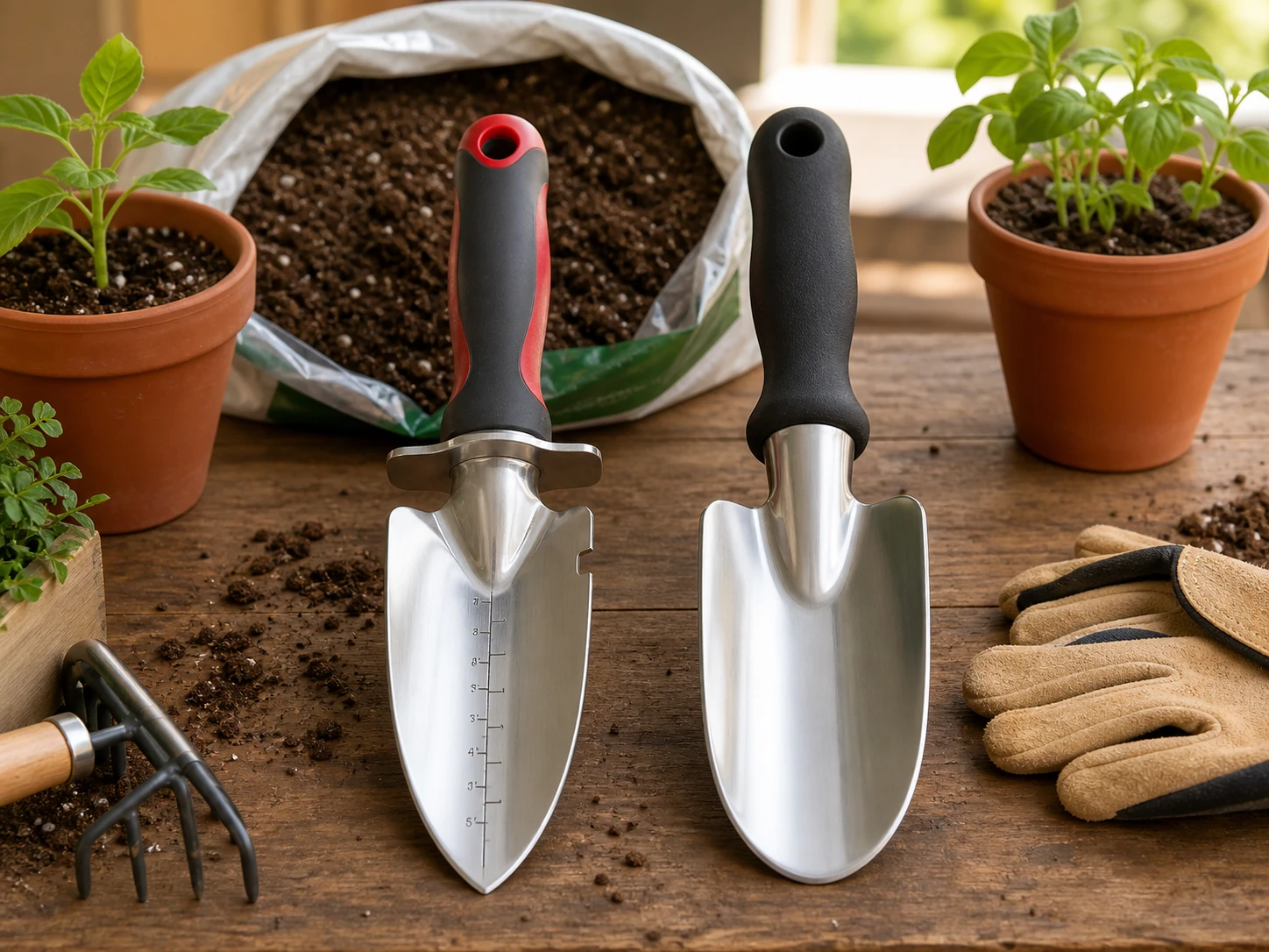 Two unbranded hand garden trowels, one pointed stainless steel with depth marks and one smooth aluminum alloy, on a potting bench with seedlings, soil, gloves, and a hand rake for the Corona CT 3314 vs Corona CT 3010I comparison.