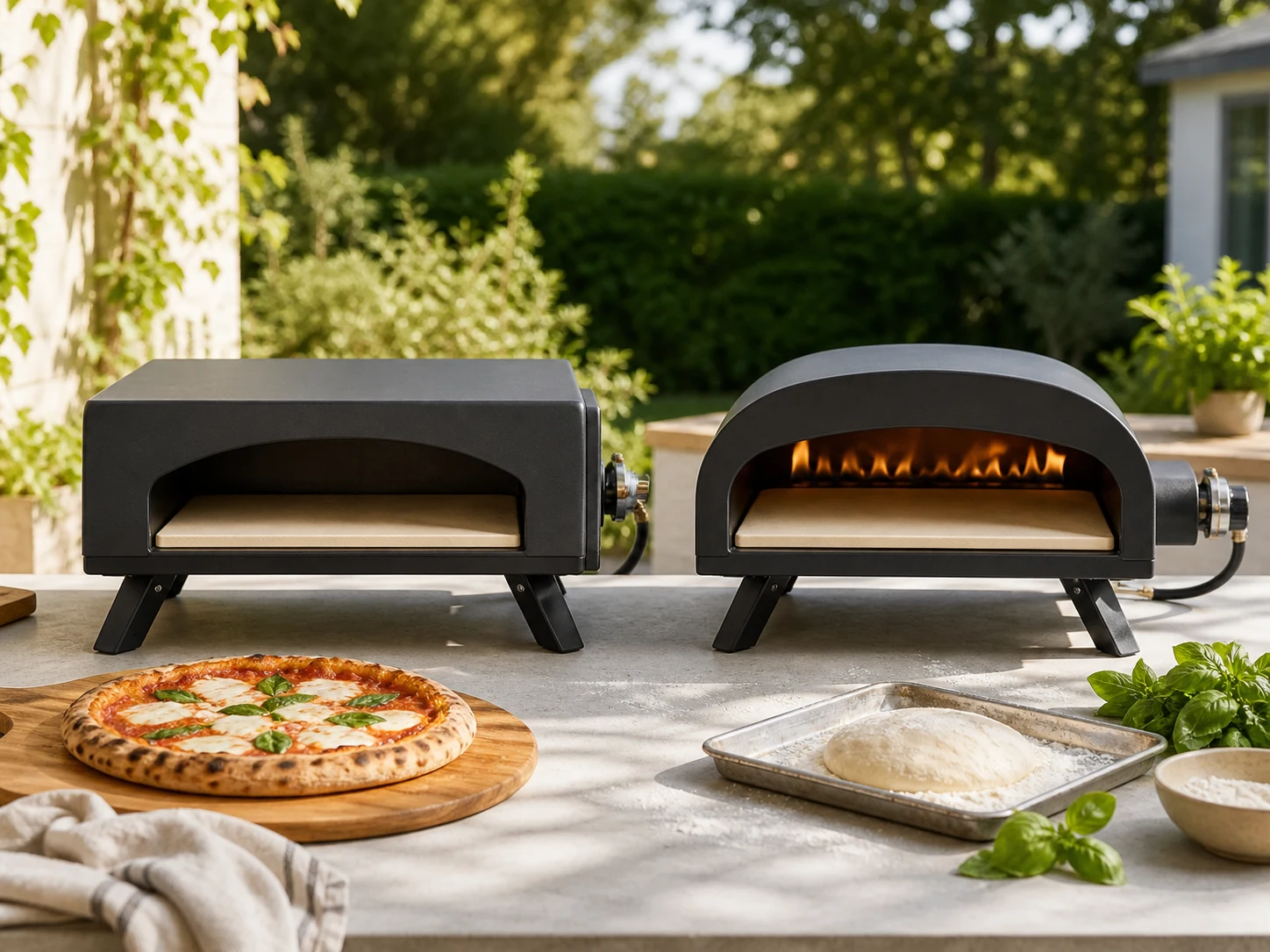 Two unbranded compact propane pizza ovens, one boxy and one rounded with a lateral flame, on a sunny patio counter with pizza dough, basil, flour, and a finished pizza for the Ooni Koda 2 vs Gozney Arc comparison.