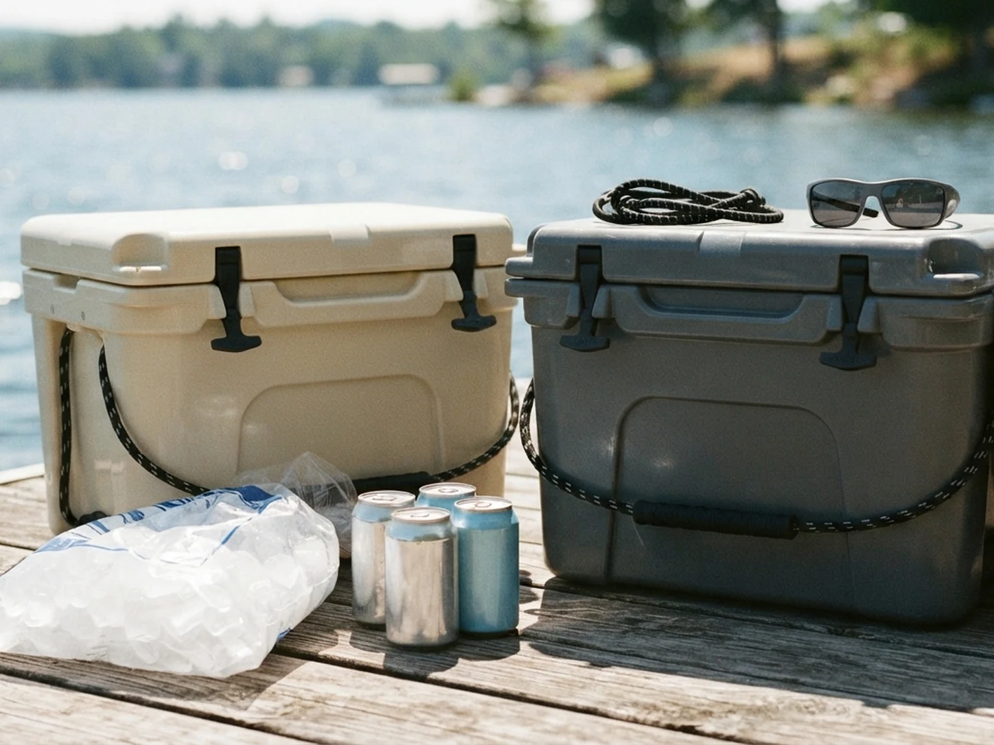 A tan hard-sided rotomolded cooler and a grey hard-sided rotomolded cooler side by side on a wooden dock with a bag of ice, canned drinks, sunglasses, and a rope handle for the YETI Tundra 45 vs RTIC 45 comparison
