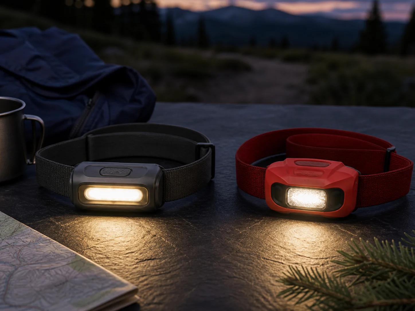 Two unbranded compact headlamps, one graphite and one red, on a slate camp table at dusk with a map, rain shell, metal mug, and pine branch for the Black Diamond Spot 400-R vs Petzl ACTIK CORE comparison.