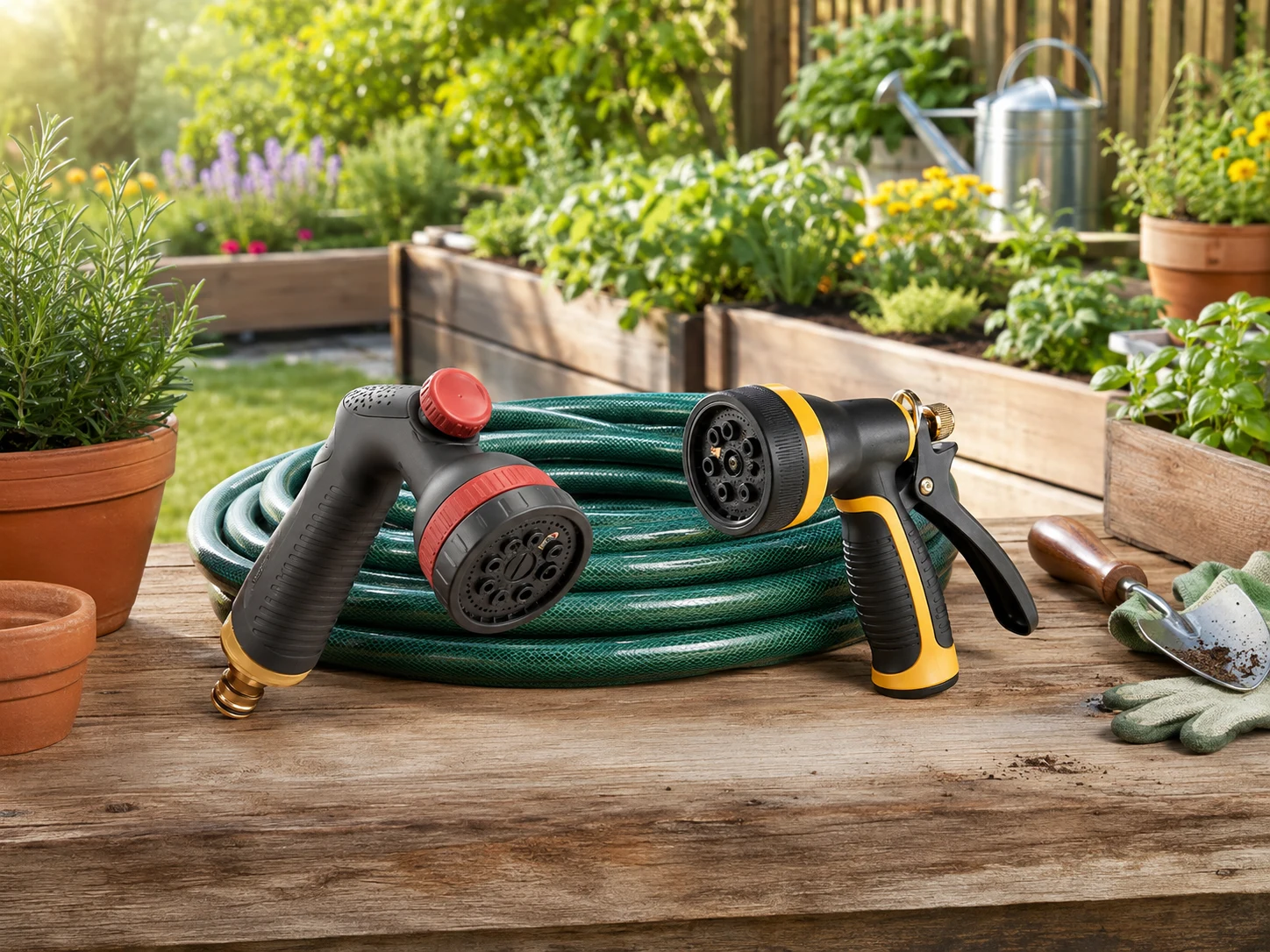Two unbranded heavy-duty multi-pattern hose nozzles, one charcoal and red thumb-control style and one black and yellow front-trigger style, on a garden potting bench with a green hose, raised beds, pots, gloves, and trowel for the Orbit 26812 vs Melnor XT301 comparison.