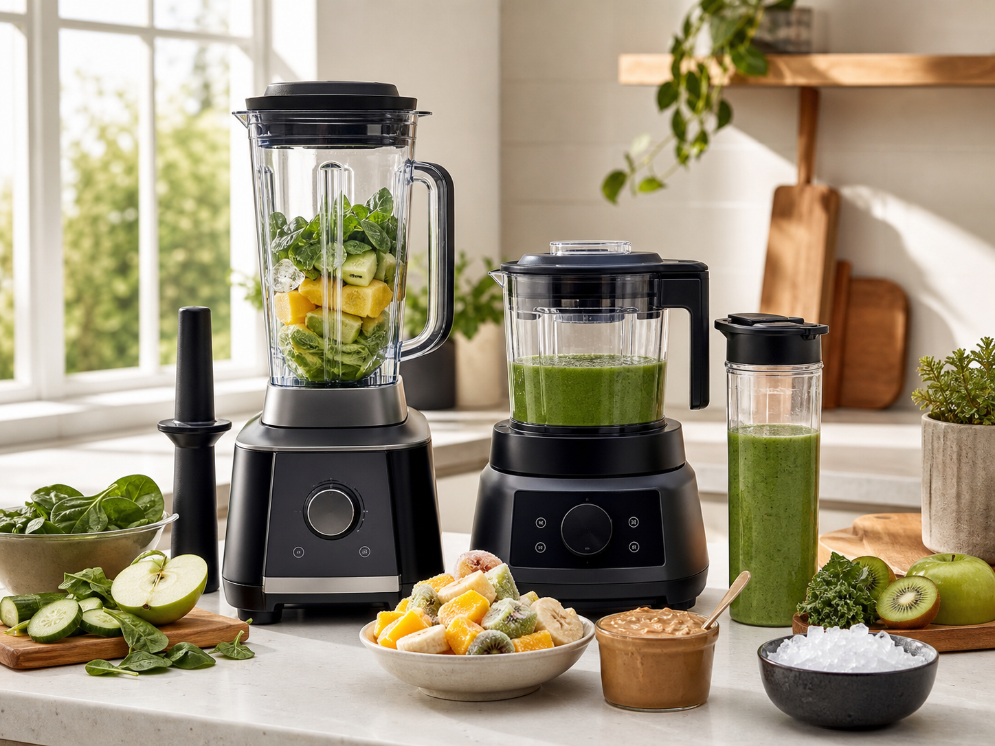 Two premium unbranded countertop blenders on a bright kitchen counter with green smoothie ingredients, frozen fruit, nut butter, and crushed ice