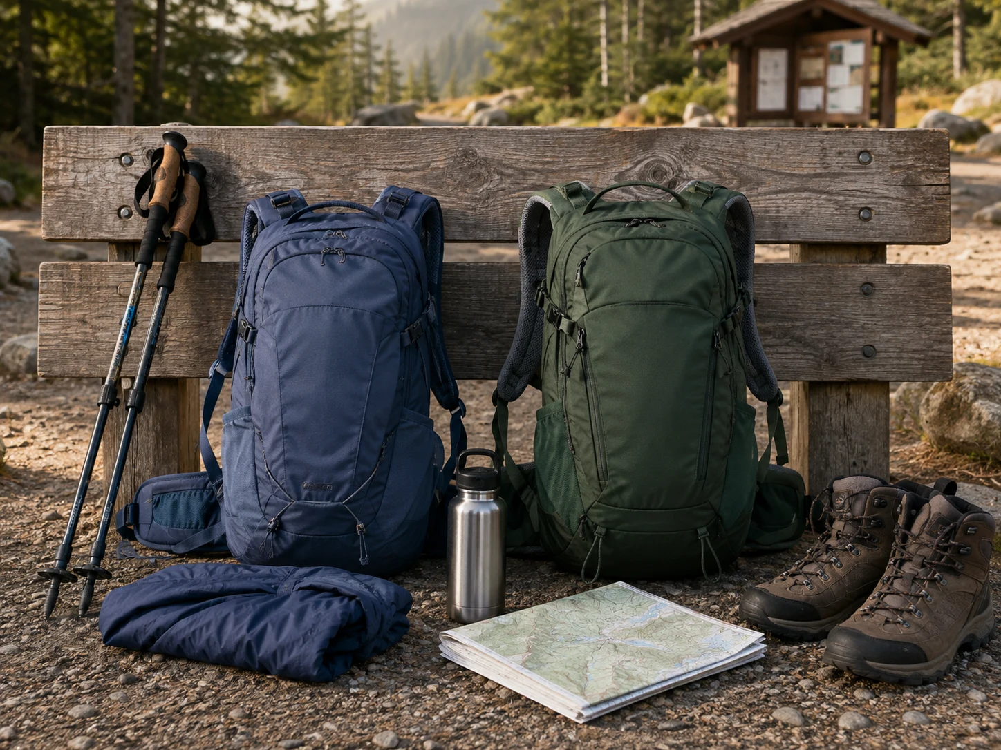 Two unbranded hiking daypacks, one slate blue and one forest green, beside trekking poles, boots, a water bottle, rain shell, and trail map at a trailhead for the deuter Speed Lite 21 vs Gregory Miwok 24 comparison.